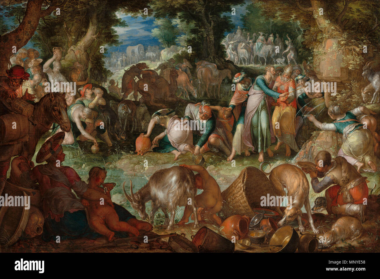 Pittura; olio su pannello; complessivo: 44,6 x 66,7 cm (17 9/16 x 26 1/4 in.) incorniciato: 58,7 x 80,7 cm (23 1/8 x 31 3/4 in.); inglese: Mosè che colpisce il Rock 1624. 1274 Mosè colpisce la roccia Foto Stock