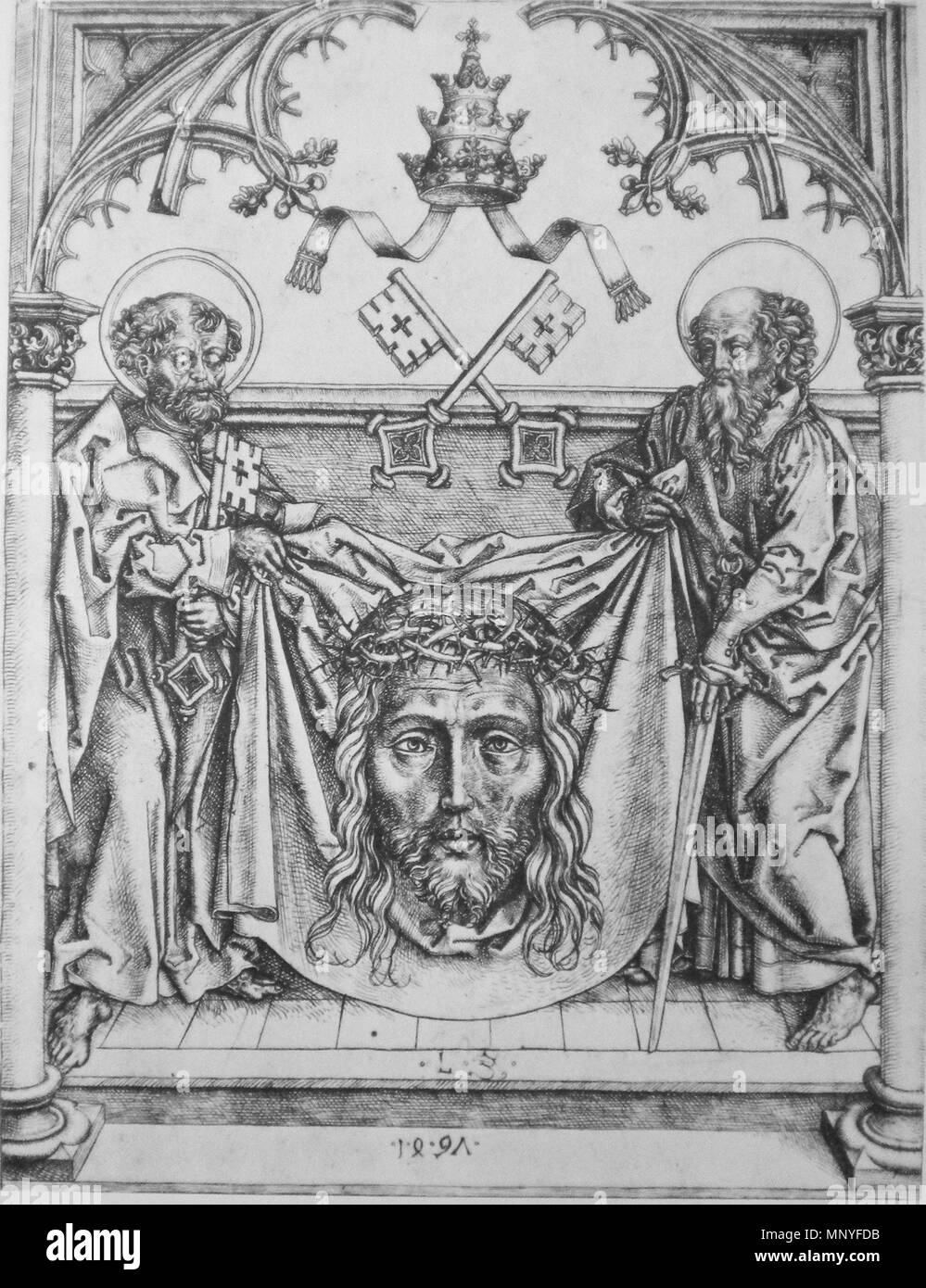 . Il Sudarium supportato da San Pietro e San Paolo, ca. 1500. Incisione. circa 1500. Master L. Cz. (Anonimo incisore tedesco) 1181 Il Sudarium supportato da San Pietro e di San Paolo LCZ Foto Stock