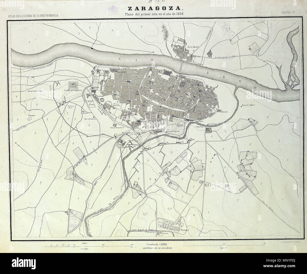 . Español: Plano del primer sitio de Zaragoza, Spagna Separatas del atlas de la Guerra de la Independencia editadas por el Depósito de la guerra, en 1868, como complemento a la obra del generale don José Gómez de ARTECHE, "Guerra de la Independencia. Historia militar de España de 1808 a 1814". 1868. Vecchio 1281 Zaragoza - Primer Sitio Foto Stock