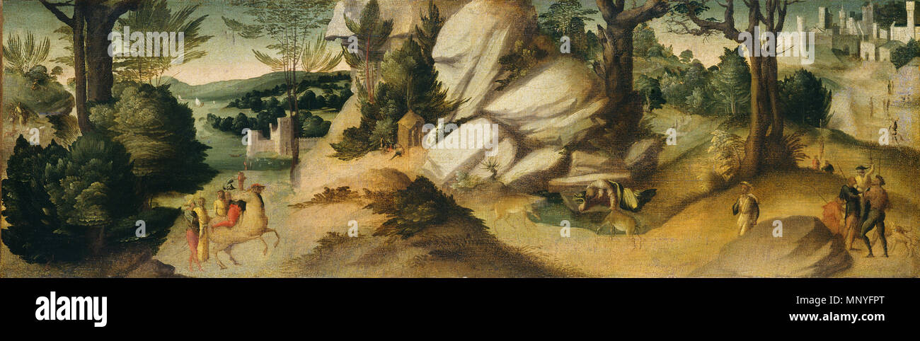 Giovanni Larciani (maestro dei paesaggi Kress) (italiano, 1484 - 1527 ), scene di una leggenda, probabilmente c. 1515/1520, olio su tela, Samuel H. Kress Collection . Inglese: artista Giovanni Larciani (Master del Kress paesaggi) Informazioni sull'artista italiano, 1484 - 1527 Titolo scene da una leggenda datato probabilmente c. 1515/1520 medie olio su tela dipinto di classificazione complessiva Dimensioni: 27,9 x 88,9 cm (11 x 35 in.) incorniciato (tela inferiore, incorniciato con 1939.1.344.b e .c): 86.52 x 114,3 x 9,21 cm (34 1/16 x 45 x 3 5/8 in.) al credito Samuel H. Kress Collection No. 1939.1.344.una cifra Foto Stock