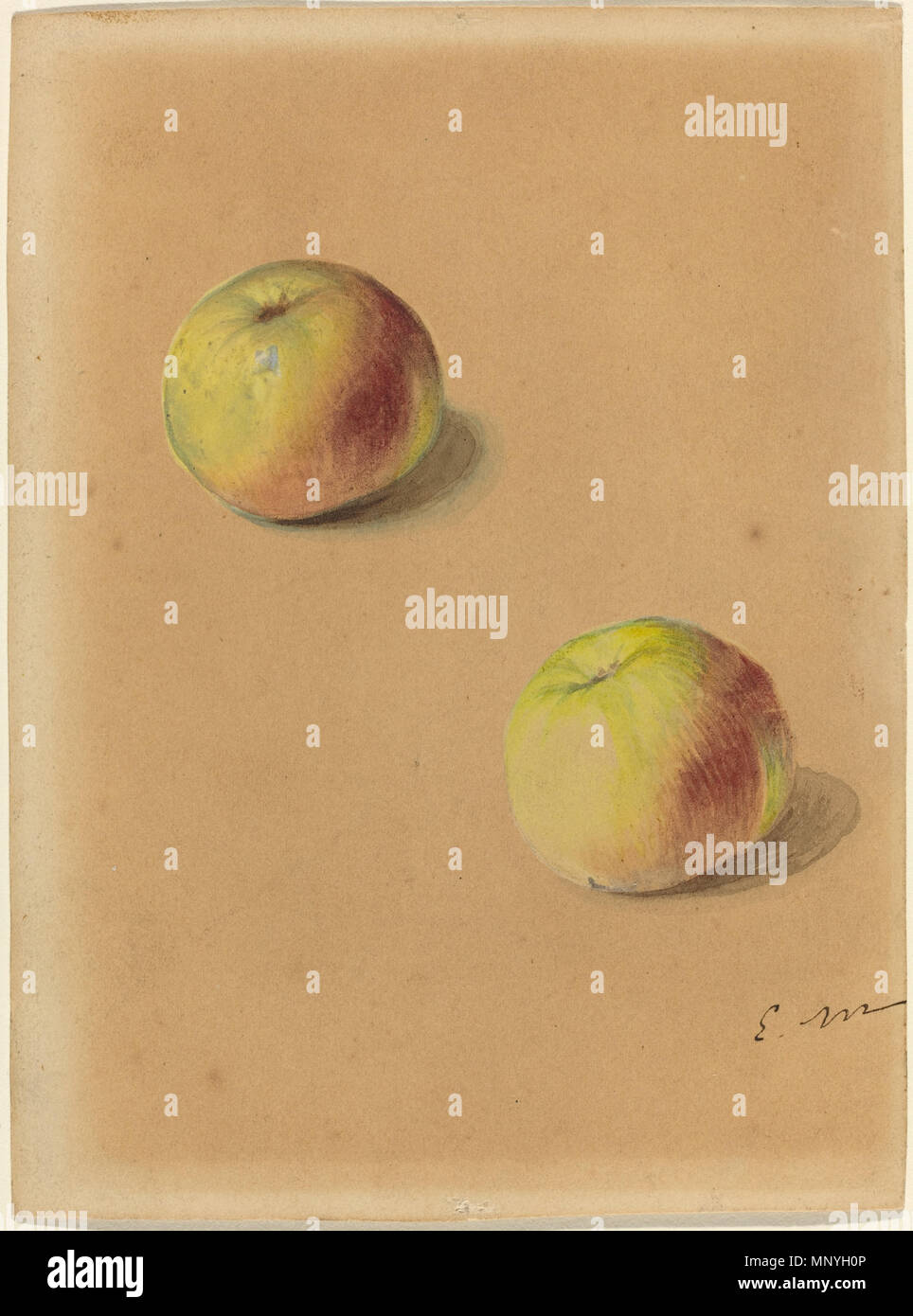 Disegno; acquerello su Grafite su carta intessuta; complessivo: 18,8 x 13,9 cm (7 3/8 x 5 1/2 in.); due mele 1289 Édouard Manet - due mele Foto Stock