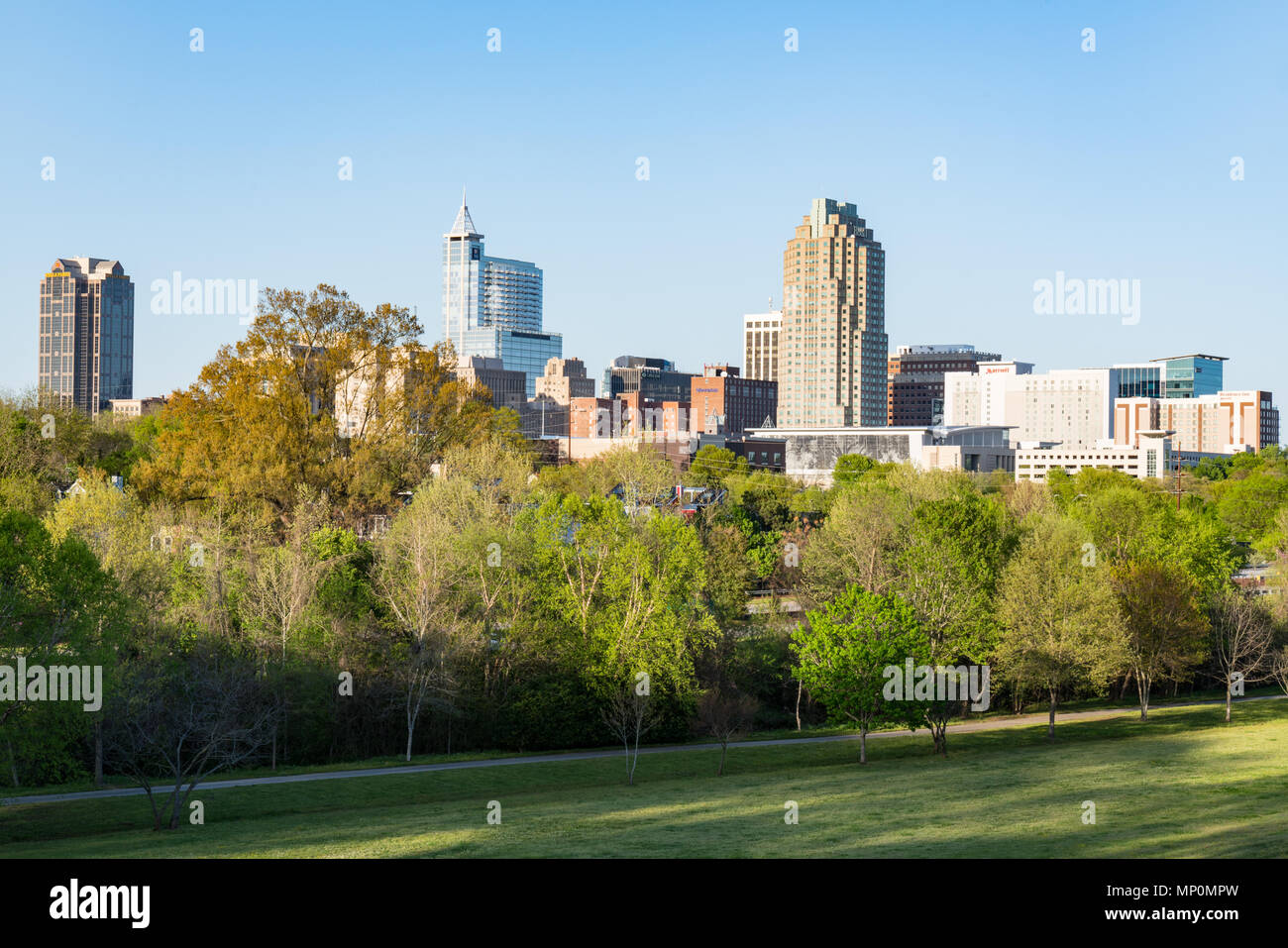 RALEIGH, NC - Aprile 17, 2018: Raleigh, North Carolina Skyline da Dorothea Dix Park Foto Stock