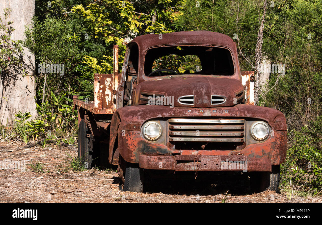 Vintage abbandonato rusty farm carrello ute contro alberi verdi Foto Stock