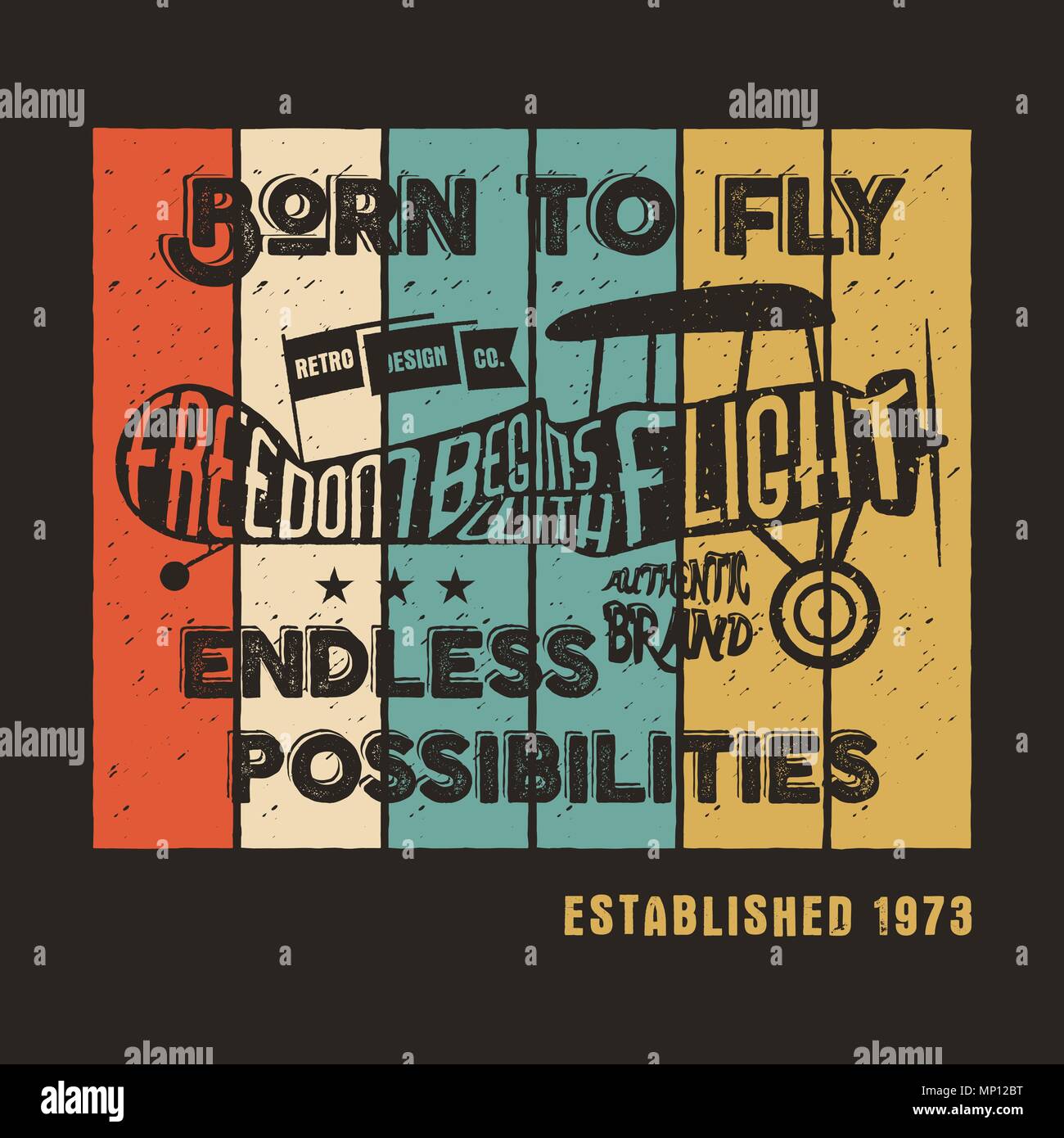 Vintage poster di aereo e caratteri per la stampa. Stampe di vettore, vecchia scuola aeromobile T-Shirt. Retrò air show shirt design con testo motivazionale. Tipografia print design. Biplano, nato a volare tema. Illustrazione Vettoriale