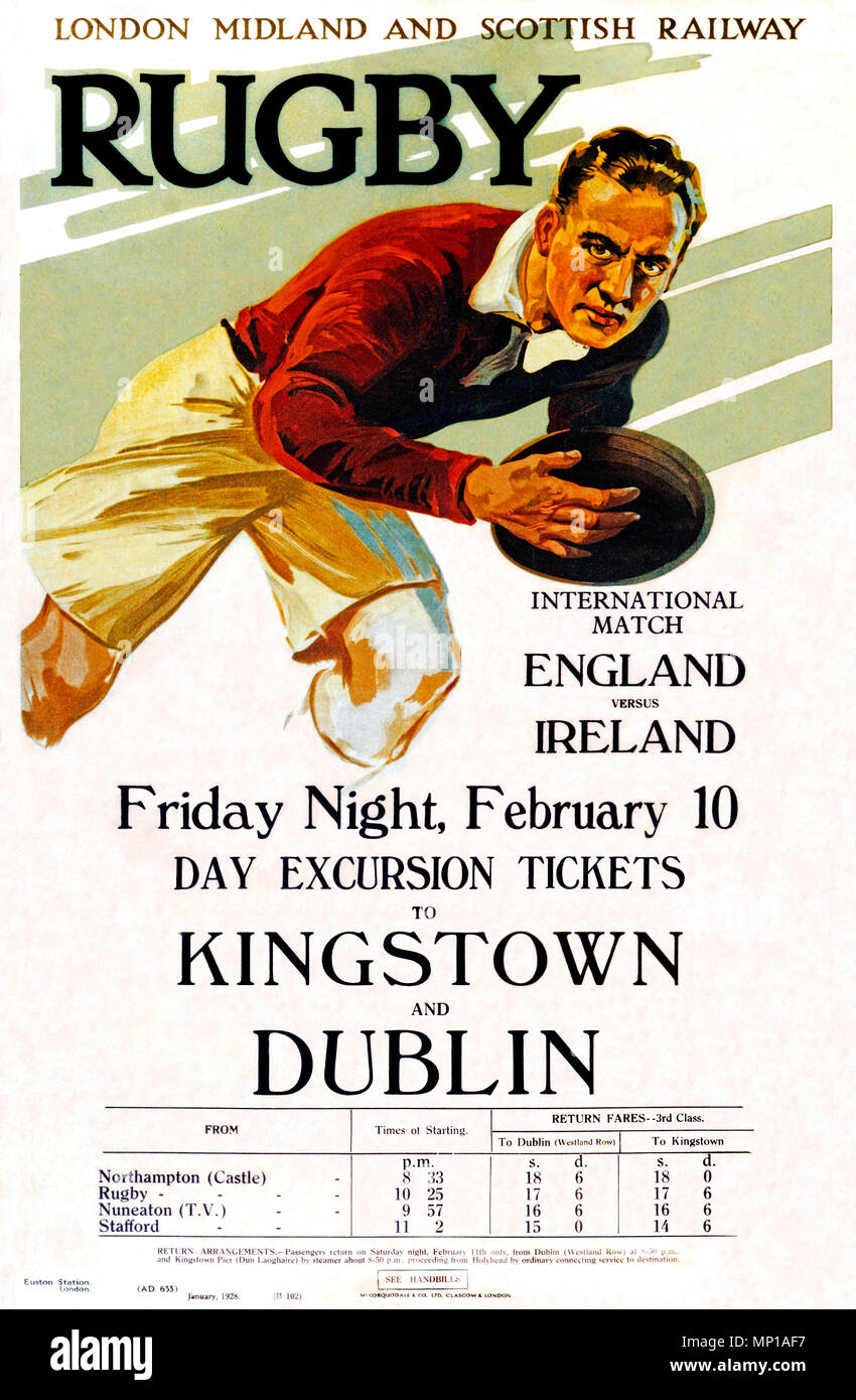 Rugby, Ferroviaria Poster, 1928 per il viaggio dalle Midlands a Dublino per guardare l'Irlanda v Inghilterra partita internazionale Foto Stock