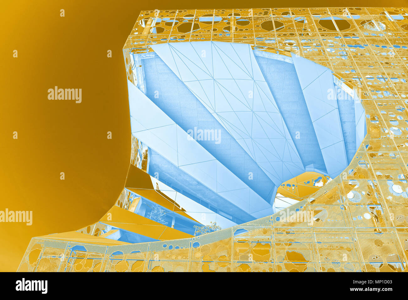 Dettaglio (reso in PS, bicromia) del cubo arancione edificio (multi-uso), da Jakob + macfarlane, Lione, Francia Foto Stock