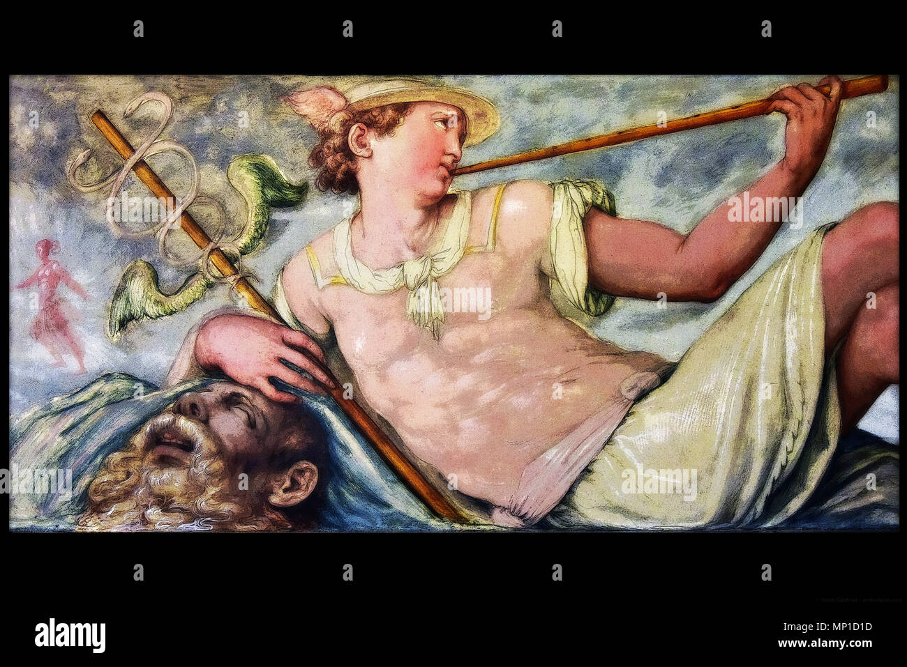 Casa di Giorgio Vasari, dipinta grisaille, dettaglio, Mercurio con il caduceo, che rappresenta il pianeta (reso in PS), dal Vasari, Arezzo, Toscana, Italia Foto Stock