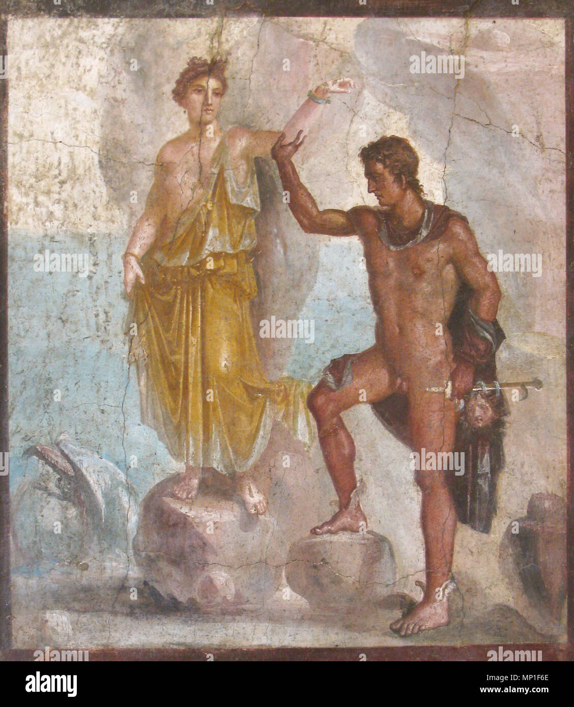 . Italiano: il Museo Archeologico Nazionale di Napoli (inv. nr. 8998). Da Pompei, Casa dei Dioscuri - Perseo libera la bella Andromeda tenuta prigioniera dal mostro marino inviato da Poseidone. Perseo tiene in mano la testa troncata di Medusa. Inglese: dipinto da Pompei trovati nella " Casa dei Dioscuri'(VI,9,6) che rappresenta Perseo e Andromeda. Perseus è mostrato facendo avanzare per il supporto di Andromeda, che è fissato ad un mare-scogliera con una sola mano; il corpo del mostro marino che Perseo ha appena ucciso è in basso a sinistra. Il 19 luglio 2009. Olivierw 973 Perseo e Andromeda Dioscuri Foto Stock