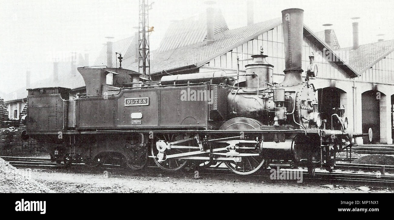 . Deutsch: Die Ce 2/5 Nr. 2 der Schweizerische Centralbahn Olten, mit Luftbehälter und Pumpe. Aufnahme muss zwischen 1895 und 1902 gemacht worden sein. Tra il 1895 e il 1902. Probabilmente Georg Wilhelm Hecklau (1872-1905) 1098 SCB-Ce2-5-Olten Foto Stock