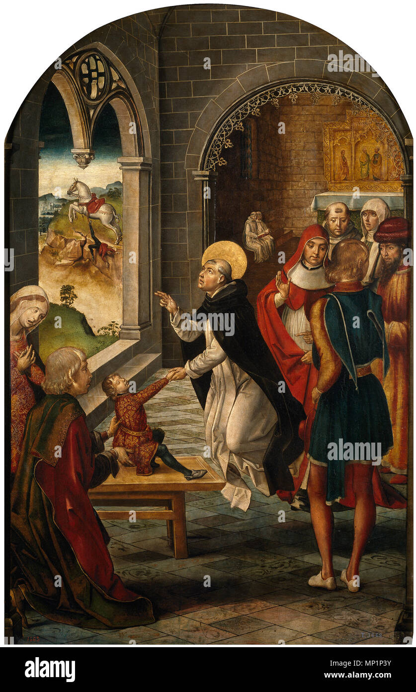 Santo Domingo resucita un joven delle Nazioni unite . Español: La obra rappresentanouna un Santo Domingo de Guzman, fundador de la Orden de los dominicos, resucitando un joven delle Nazioni Unite. . Tra circa 1493 e circa 1499. 1095 Santo Domingo resucita un joven onu, de Pedro Berruguete Foto Stock