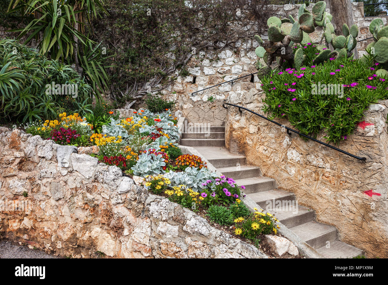 Fiori e scale in pubblico comunità giardino sulla Riviera Francese a Villefranche sur Mer, Francia Foto Stock