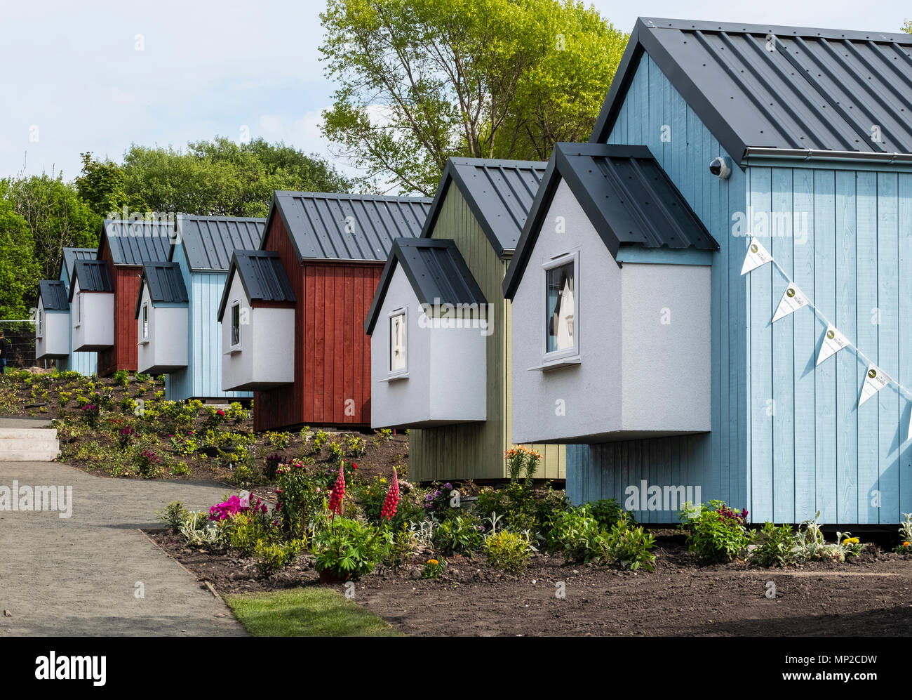 Vista del nuovo case di legno al morso sociale villaggio in Granton costruito dal morso sociale organizzazione per i senzatetto, Edimburgo, Scozia, Regno Kin Foto Stock