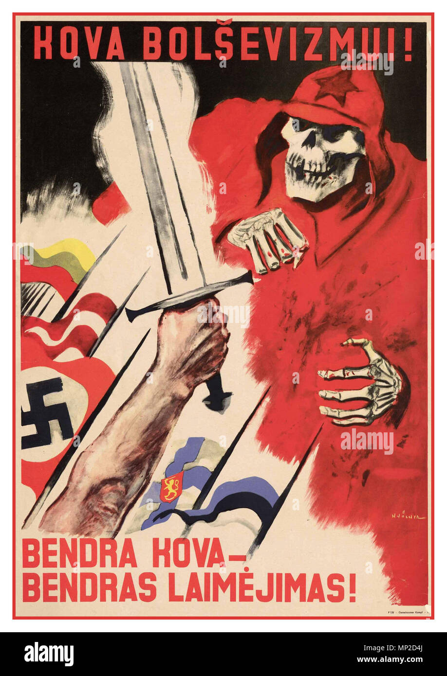 La Propaganda Vintage WW2 lituano collaborazione nazista poster, contro lo scheletro del bolscevismo e i bolscevichi 1941-1944 Foto Stock