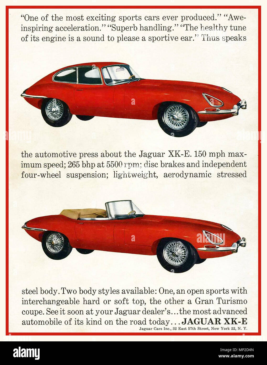 1961 Jaguar XKE - (E-type Jaguar nel Regno Unito) promozionali Poster pubblicitari negli Stati Uniti con la parte superiore aperta in stile sportivo o Gran Turismo Coupe Foto Stock