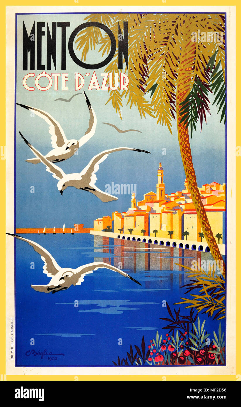 Poster di viaggio originale d'epoca 1935 Menton Cote d'Azur Francia - Foto Stock