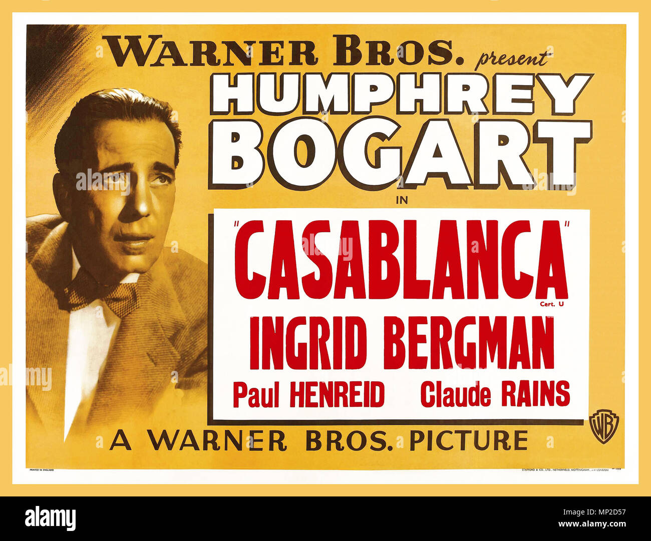 1940's Vintage Film Poster Casablanca un 1942 American dramma romantico film diretto da Michael Curtiz. Il film stelle Humphrey Bogart, Ingrid Bergman, e Paul Henreid; dispone inoltre di Claude Rains, Conrad Veidt, Sydney Greenstreet, Peter Lorre e Dooley Wilson. Impostare durante la II Guerra Mondiale, si concentra su un espatriato americano che deve scegliere tra il suo amore per una donna e aiutare lei e suo marito, una resistenza ceca leader, fuggire dalla Vichy-controllato città di Casablanca per continuare la sua lotta contro i nazisti Foto Stock