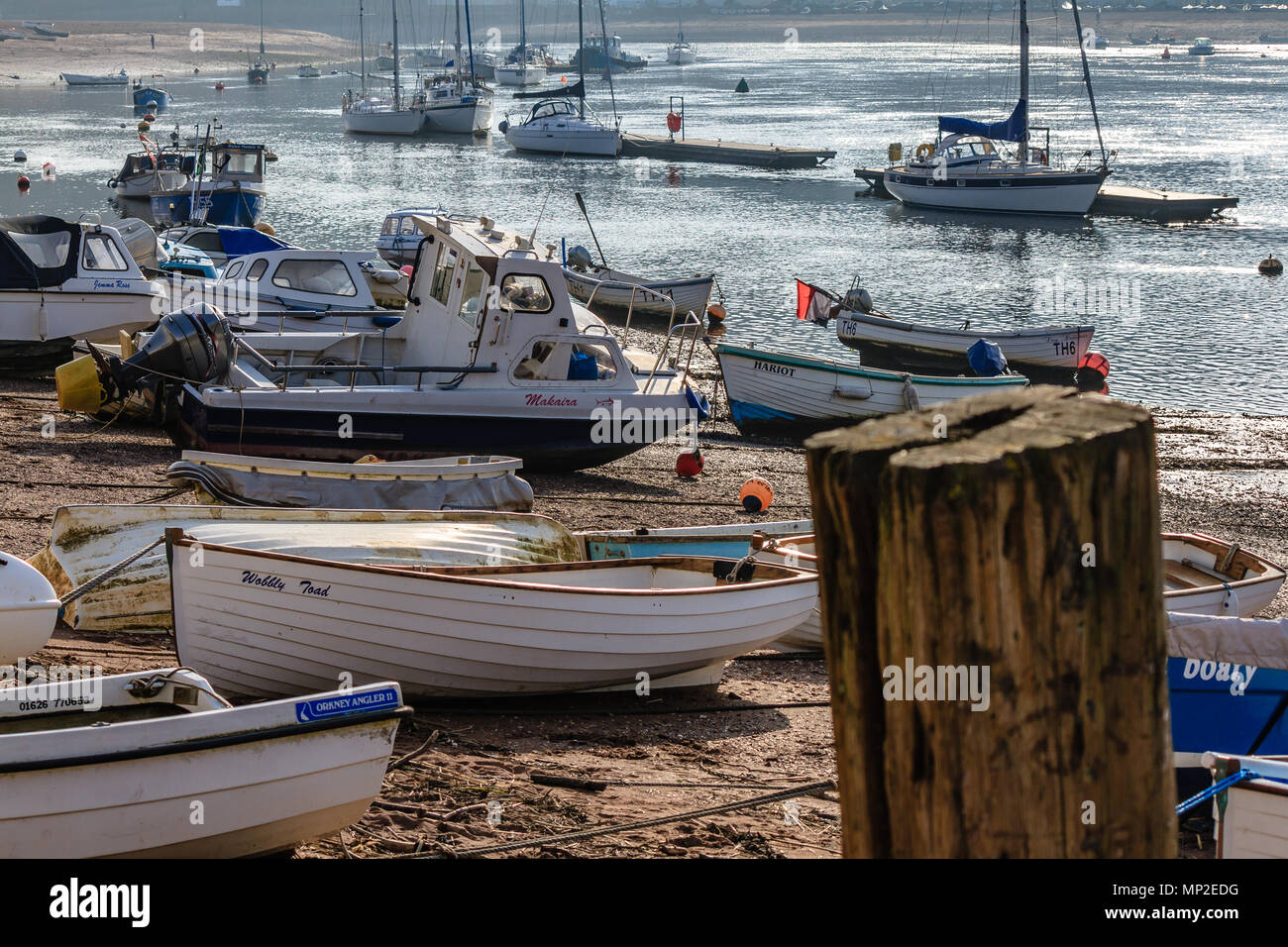 Barche di bolina fino sulla spiaggia sabbiosa per lo stoccaggio a Shaldon vicino a Teignmouth sul fiume Teign estuario. Shaldon, Devon, Regno Unito. Febbraio 2018. Foto Stock