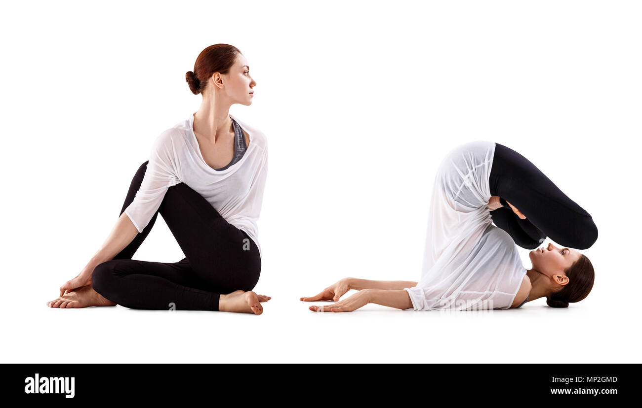 Collage di giovane donna facendo esercizio di yoga. Foto Stock
