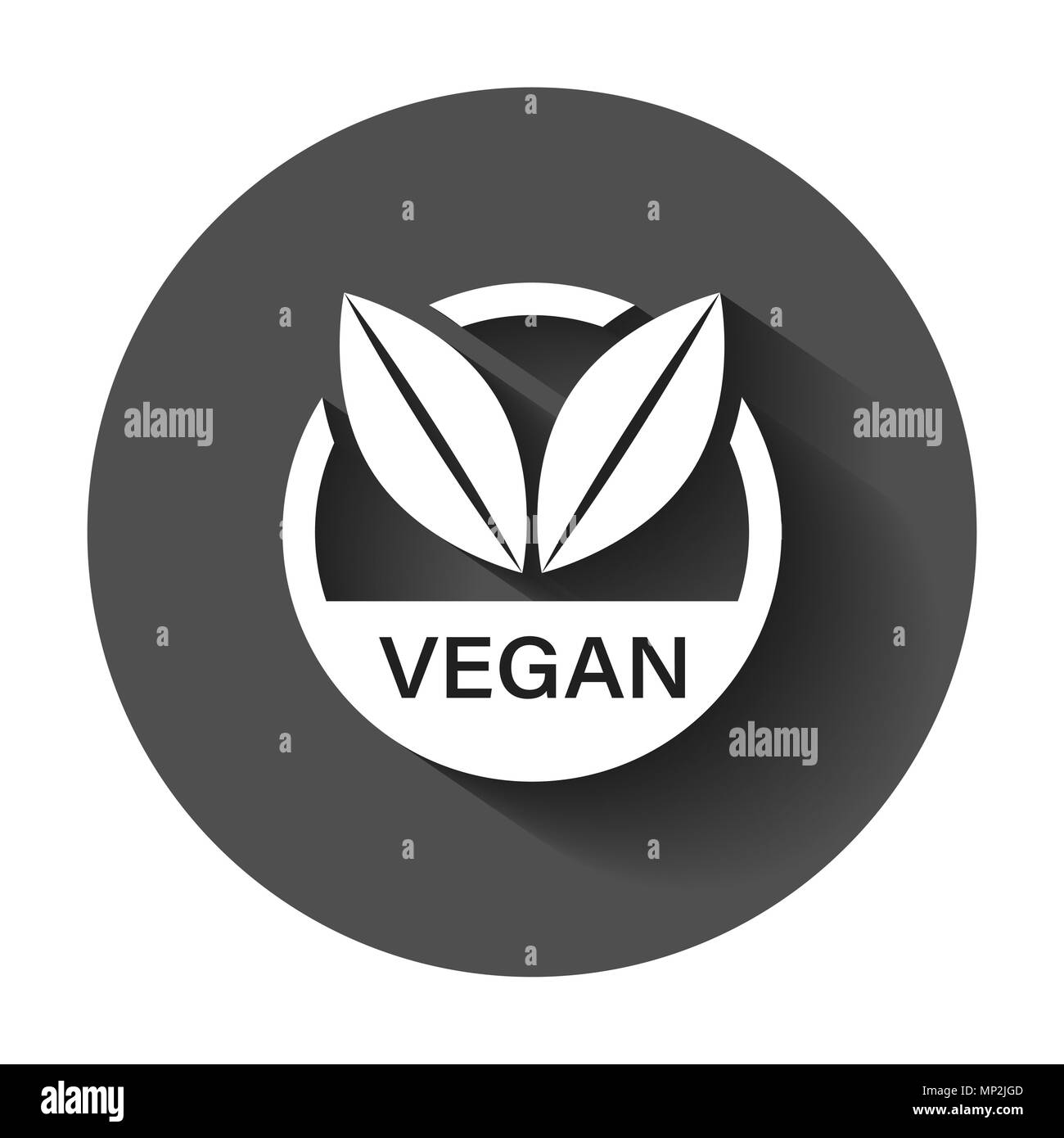 Etichetta vegano badge icone vettoriali in stile appartamento. Timbro vegetariano illustrazione con lunga ombra. Eco alimenti naturali nozione. Illustrazione Vettoriale