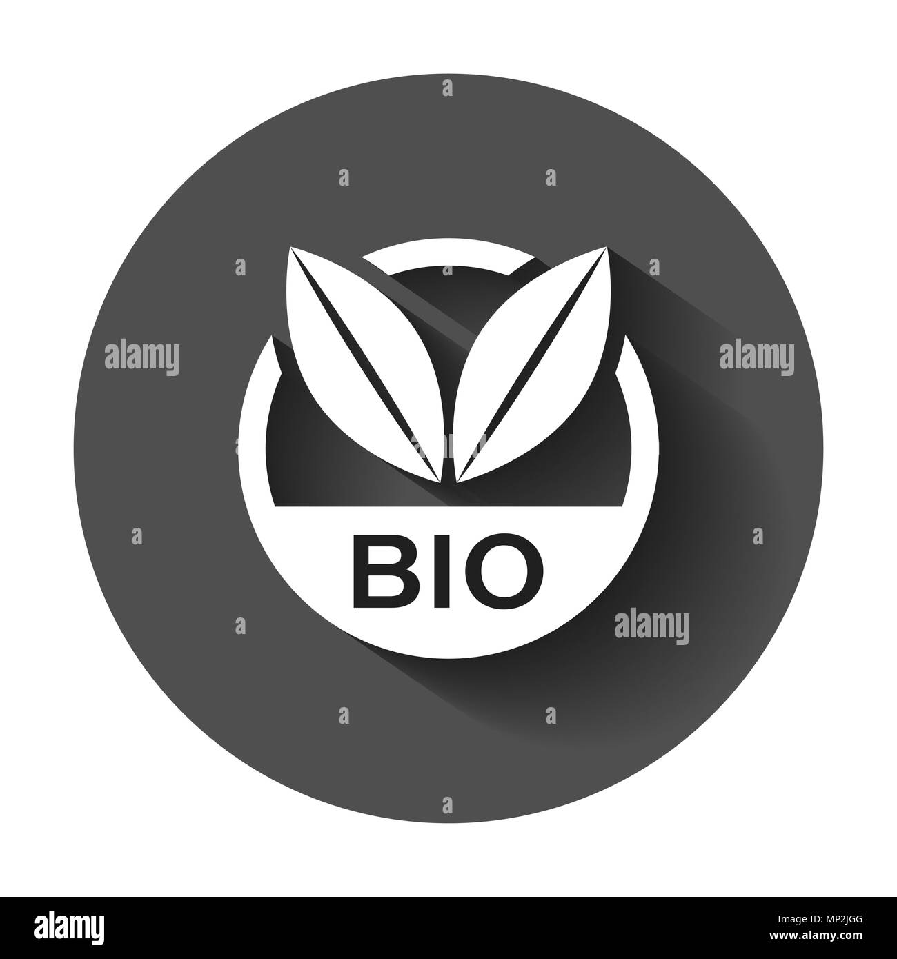 Bio etichetta badge icone vettoriali in stile appartamento. Eco prodotto organico timbro illustrazione con lunga ombra. Eco alimenti naturali nozione. Illustrazione Vettoriale