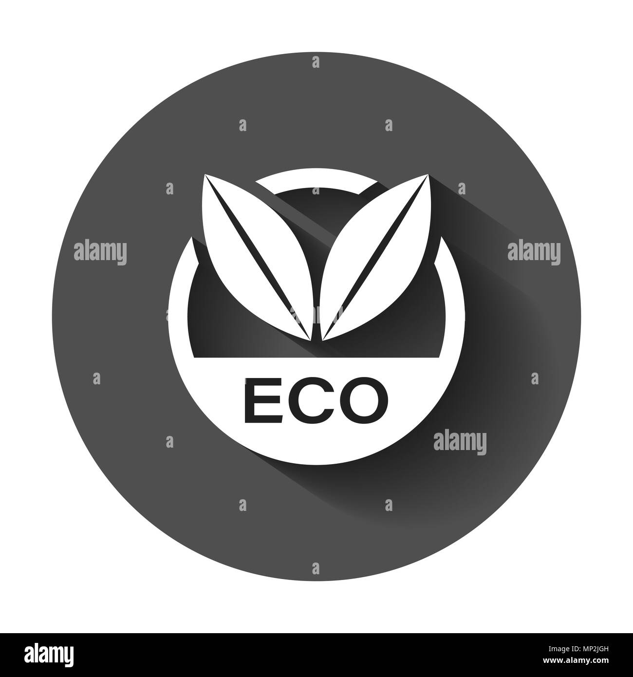 Il marchio eco badge icone vettoriali in stile appartamento. Prodotto organico timbro illustrazione con lunga ombra. Eco alimenti naturali nozione. Illustrazione Vettoriale