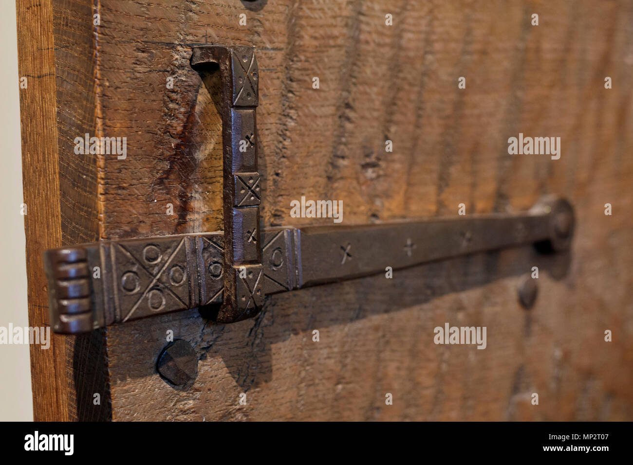 Porta Medioevale di cattura con decorazioni a motivi geometrici, porta in legno di quercia. Immagine con limitata profondità di campo. Foto Stock