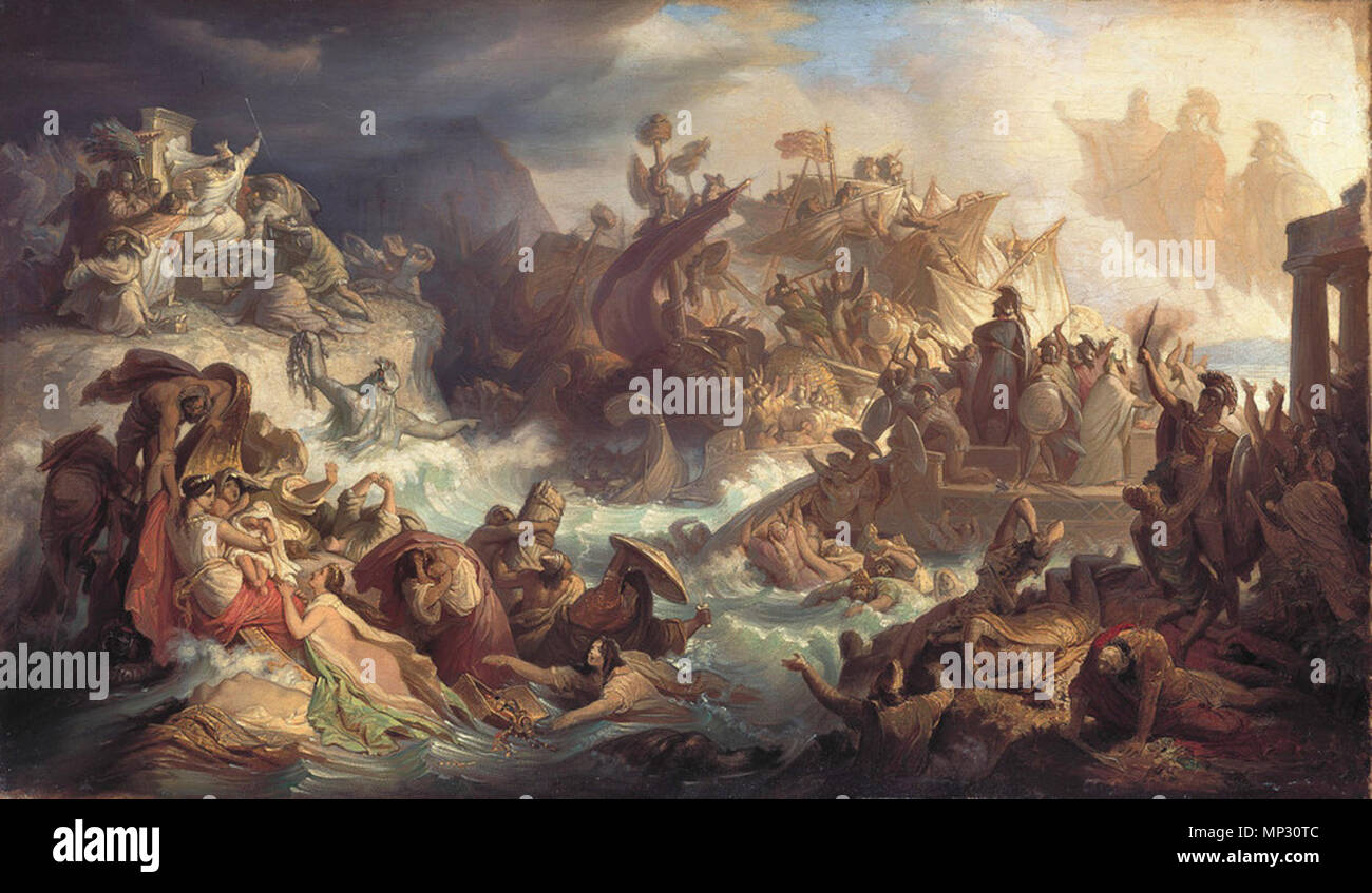 E0702 KAULBACH 9857 Deutsch: Die Seeschlacht bei salami di inglese: la Battaglia di Salamina Italiano: La battaglia di Salamina 1868. 761 Kaulbach, Wilhelm von - Die Seeschlacht bei salumi - 1868 (alt) Foto Stock