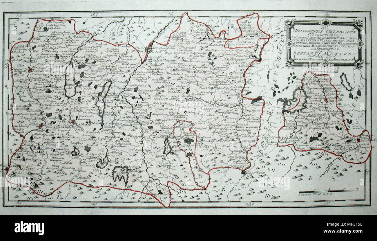 . Deutsch: Des Herzogthums Oberbayern Pfleggerichte Landsberg, Schongau, Hohenschwangau, Weilheim, Starenberg, Wolfertshausen, Tölz, Aurburg, Aibling, Schwaben, Wasserburg, Rosenheim, Marquartstein, Traunstein und Reichenhall oder des Rentamts München südlicher Theil mit der Grafschaft Haag und Herrschaft Hohenwaldeck. Nro. 160. Kolorierter Kupferstich . 1792. Franz Johann Joseph von Reilly (1766-1820) nomi alternativi Reilly, Franz Johann Joseph von Descrizione editore austriaco e scrittore Data di nascita e morte 18 Agosto 1766 6 luglio 1820 Luogo di nascita e morte Vienna Vienna lavoro pe Foto Stock