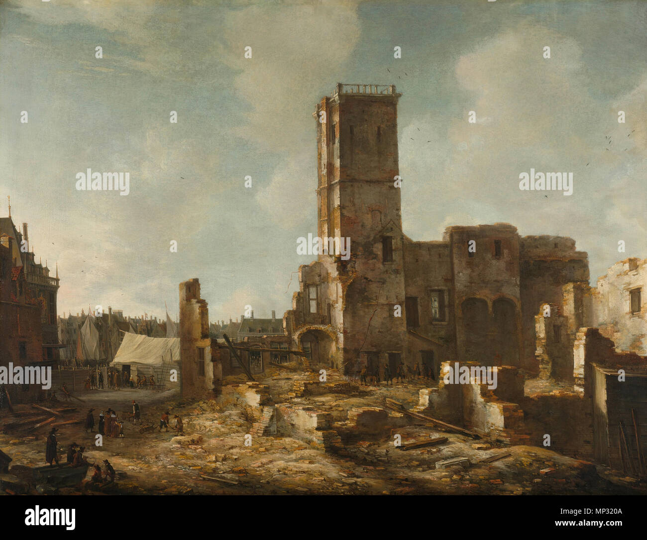 Le rovine del vecchio Municipio di Amsterdam dopo l'incendio del 7 luglio 1652. Le rovine del vecchio Municipio di Amsterdam dopo l'incendio del 7 luglio 1652, visto dal Nieuwezijds Voorburgwal verso Piazza Dam. Tra il 1652 e il 1666. 694 Jan Abrahamsz. Beerstraaten 001 Foto Stock