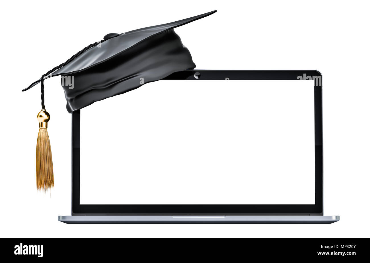 Computer portatile con graduazione cap. Online il concetto di istruzione, rendering 3D isolati su sfondo bianco Foto Stock