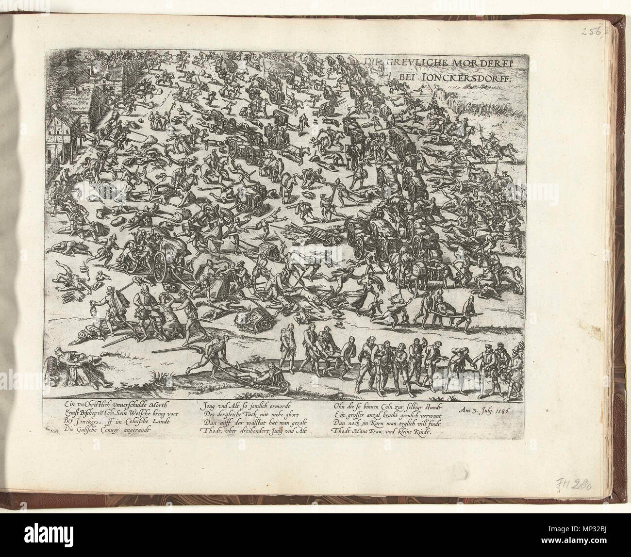 . Inglese: Frans Hogenberg, 'Die Greuliche Morderei bei Jonckersdorff" (1586-1588): un broadsheet incisione del Junkersdorf massacro (1586) . 8 gennaio 2010, 21:05:59. Rijksmuseum Amsterdam 752 Junkersdorf massacro (1586), inciso da Frans Hogenberg Foto Stock