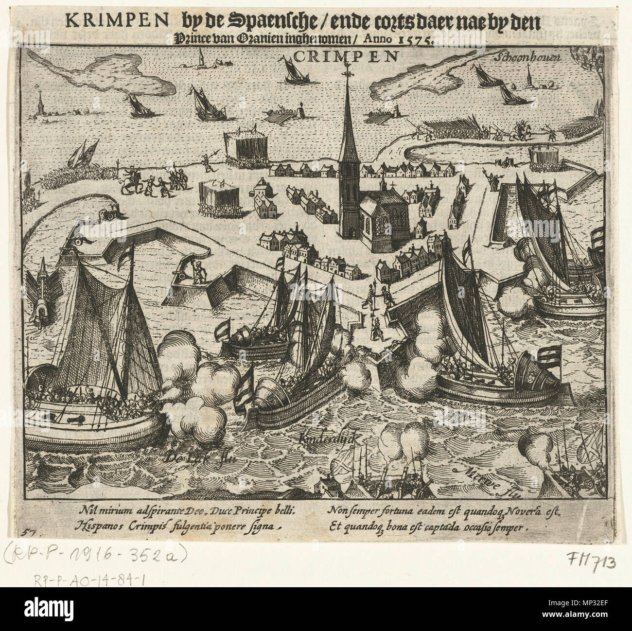 . Inglese: assedio di Krimpen aan de Lek dal principe, navi di prins sono riprese le città dall'acqua, la consegna è stata in seguito in 21 feb 1576 Nederlands: Beleg van Krimpen aan de Lek door het leger van de prins. Schepen van de prins beschieten het stadje versterkte vanaf het acqua. Op 21 februari 1576 geeft Krimpen zich. Tra il 1613 e il 1615. Frans Hogenberg 775 Krimpen 1576 Foto Stock