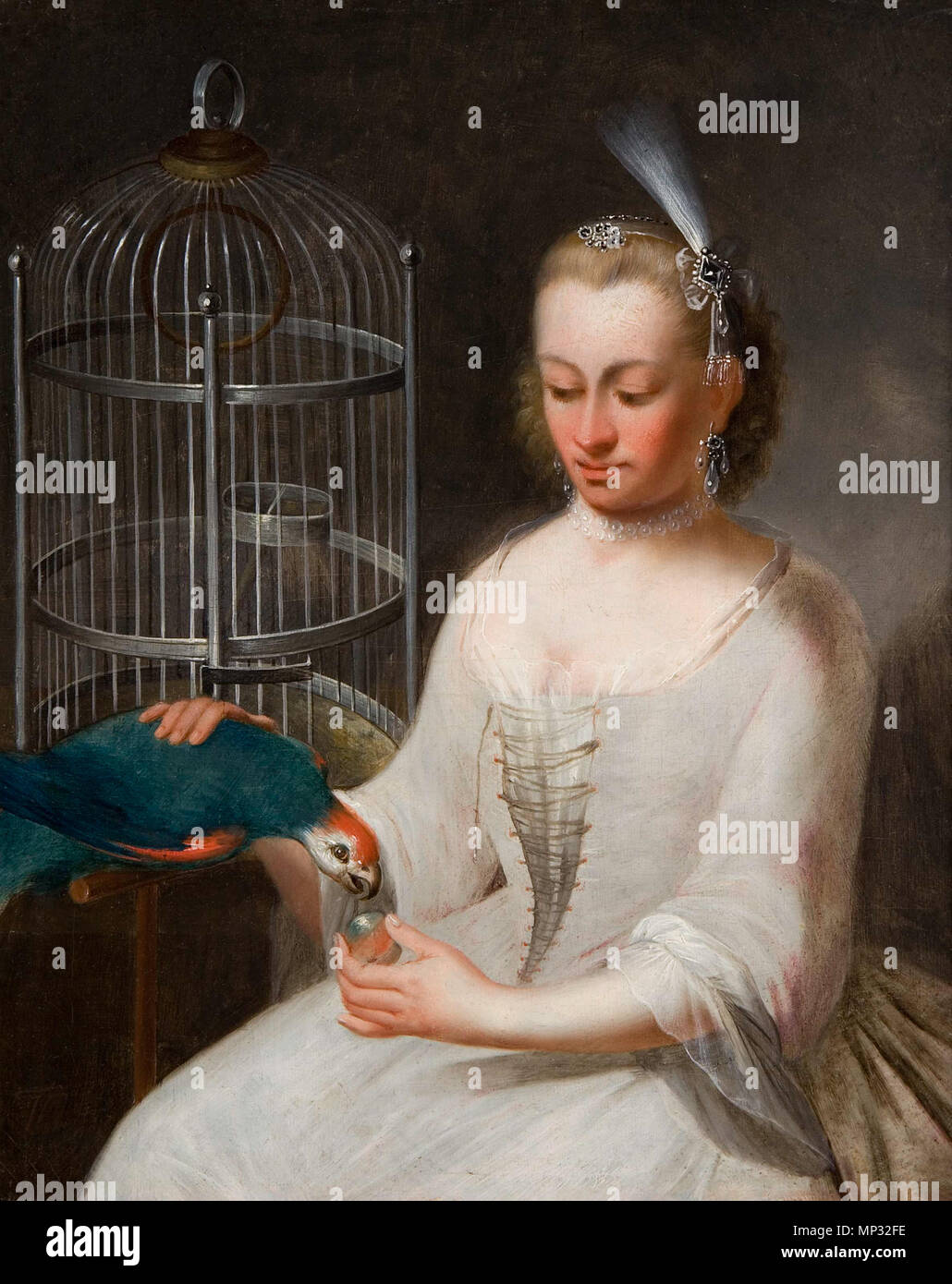 . 'Dame mit Papagei und Vogelkäfig', Öl auf Holz, monogrammiert, 22,5 x 18,5 cm . dal 1808. Johann Heinrich Tischbein (1742-1808) Descrizione pittore tedesco Data di nascita e morte 28 novembre 1742 22 dicembre 1808 Luogo di nascita e morte Haina Kassel sede di lavoro Kassel competente controllo : Q1694511 VIAF: 295263130 ULAN: 500016920 WGA: TISCHBEIN Johann Heinrich il giovane GND: RKD 117400238: 77630 680 J H Tischbein dJ Dame mit Papagei Foto Stock