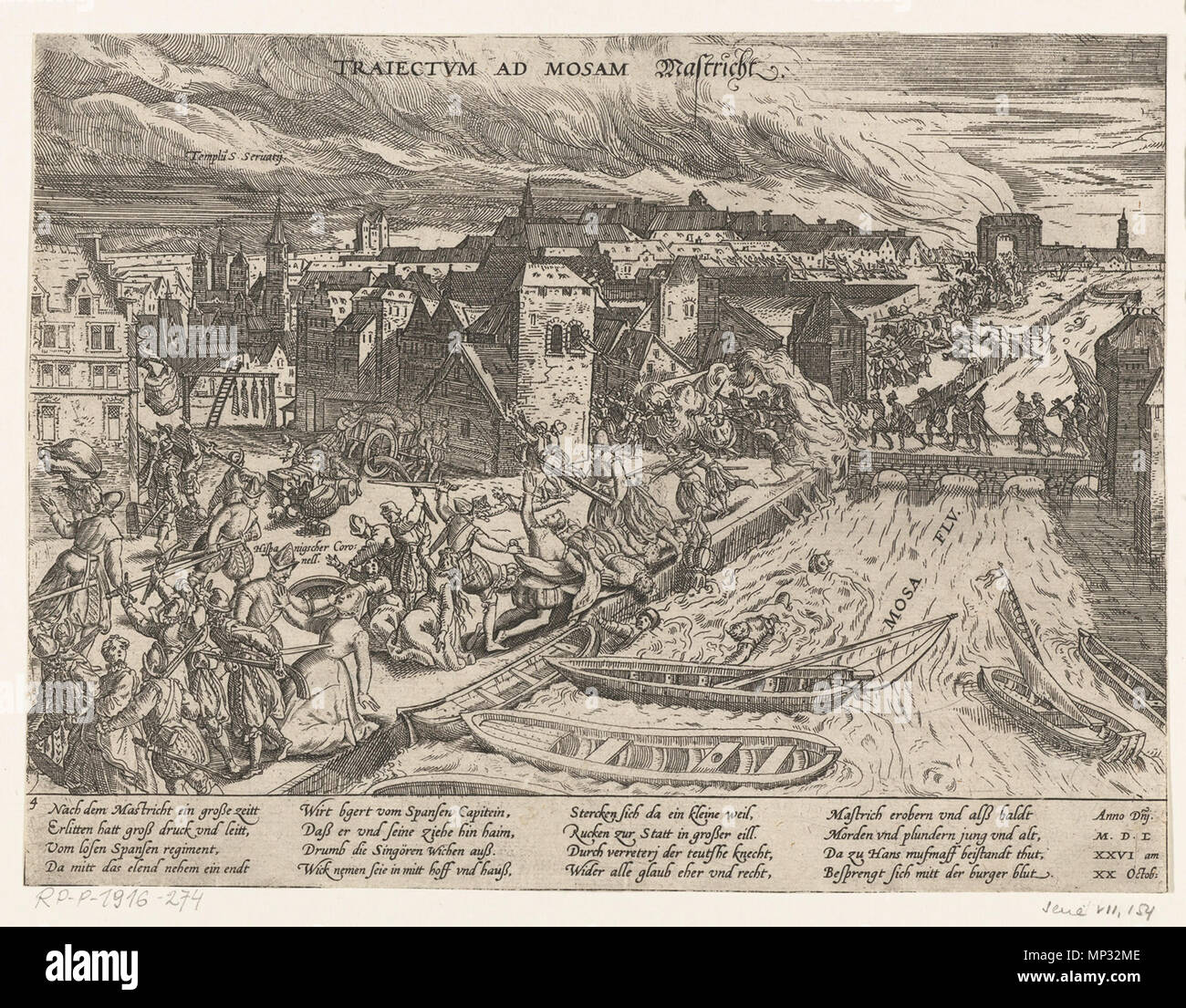 . Inglese: Ammutinamento dei soldati spagnoli, che saccheggiano la città di Maastricht, Paesi Bassi 1576. Poesia in lingua tedesca. Nederlands: Spaanse Muitende soldaten bestormen plunderen en de stad vanuit Maastricht Wijk ("stoppino', Maastricht), 1576. Sint Servaaskerk aangegeven. Duits gedicht. Tra il 1613 e il 1615. Hogenberg, Frans 838 Maastricht 1576 Foto Stock