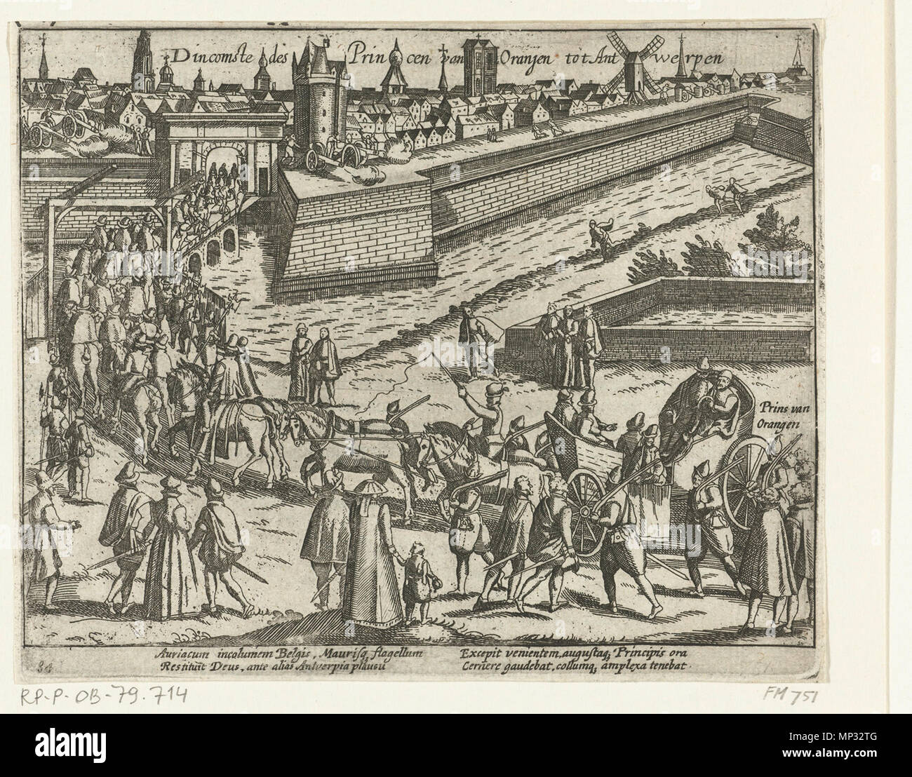 . Inglese: WIllem di Orange è arrivare a Antwerpen, 18 set 1577 Nederlands: Intocht van de prins van Oranje te Antwerpen, 18 settembre 1577. Stoet met de prins van Oranje in een aprire wagen trekt door de Rodepoort de stad binnen. Tra il 1577 e il 1590. Frans Hogenberg 672 Intocht van de prins van Oranje te Antwerpen, 1577 Foto Stock