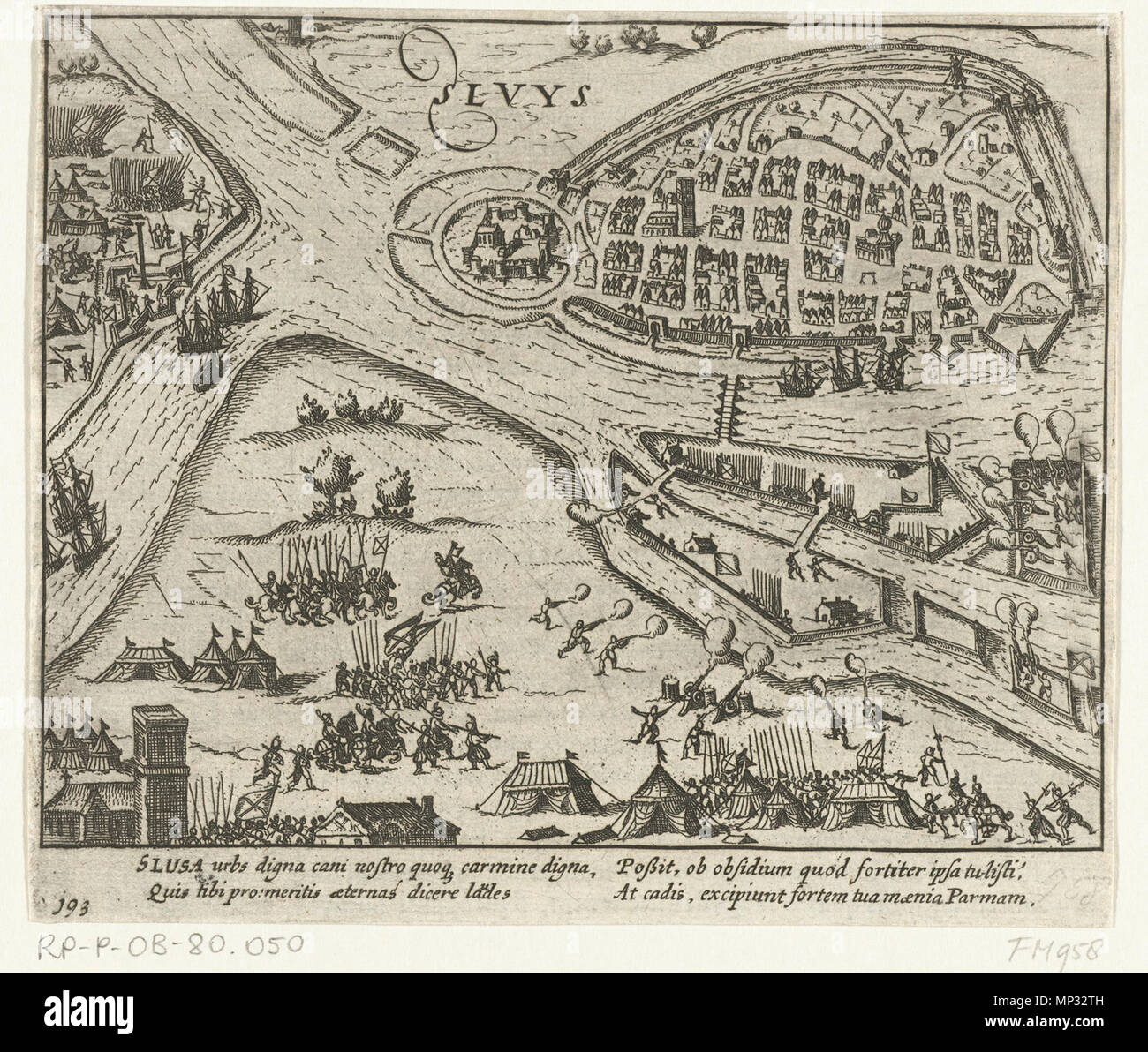 . Inglese: assedio di Sluis da Parma, 1587 Nederlands: Beleg van Sluis Porta Parma, 1587 . tra 1613 e 1615. Frans Hogenberg 1128 Sluis 1586 1 Foto Stock