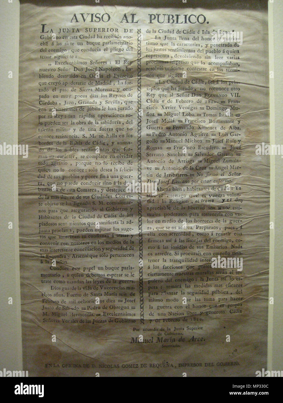 . Inglese: Cádiz Manifesto - Guerra Peninsulare, Español: Manifiesto de Cádiz en respuesta a la oferta de capitulación de los Franceses del 7 de Febrero de 1810 . 7 febbraio 1810. Junta de Gobierno en la Guerra de la Independencia 848 Maniefiesto cadice Foto Stock