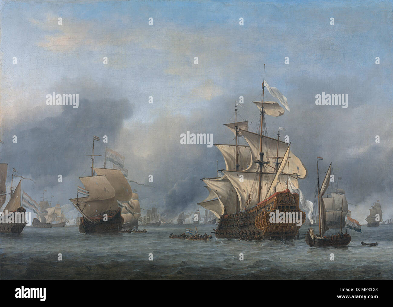 De verovering van het Engelse admiraalsschip de 'Royal Prince' 13 juni 1666, tijdens de Vierdaagse Zeeslag, 11-14 juni 1666 *olio su tela *58,5 x 81 cm *firmato (b.r.): W.V.V. *1670 La cattura del Royal Prince, 13 giugno 1666.[1] titolo alternativo(s): la cattura della nave ammiraglia Inglese HMS Prince Royal, 13 giugno 1666, durante i quattro giorni della battaglia in mare, 11-14 giugno 1666; episodio della seconda guerra anglo-olandese (1665-67).[2] circa 1666-1670. 1261 Willem van de Velde (II) - De verovering van het Engelse admiraalschip de 'Royal Prince' Foto Stock