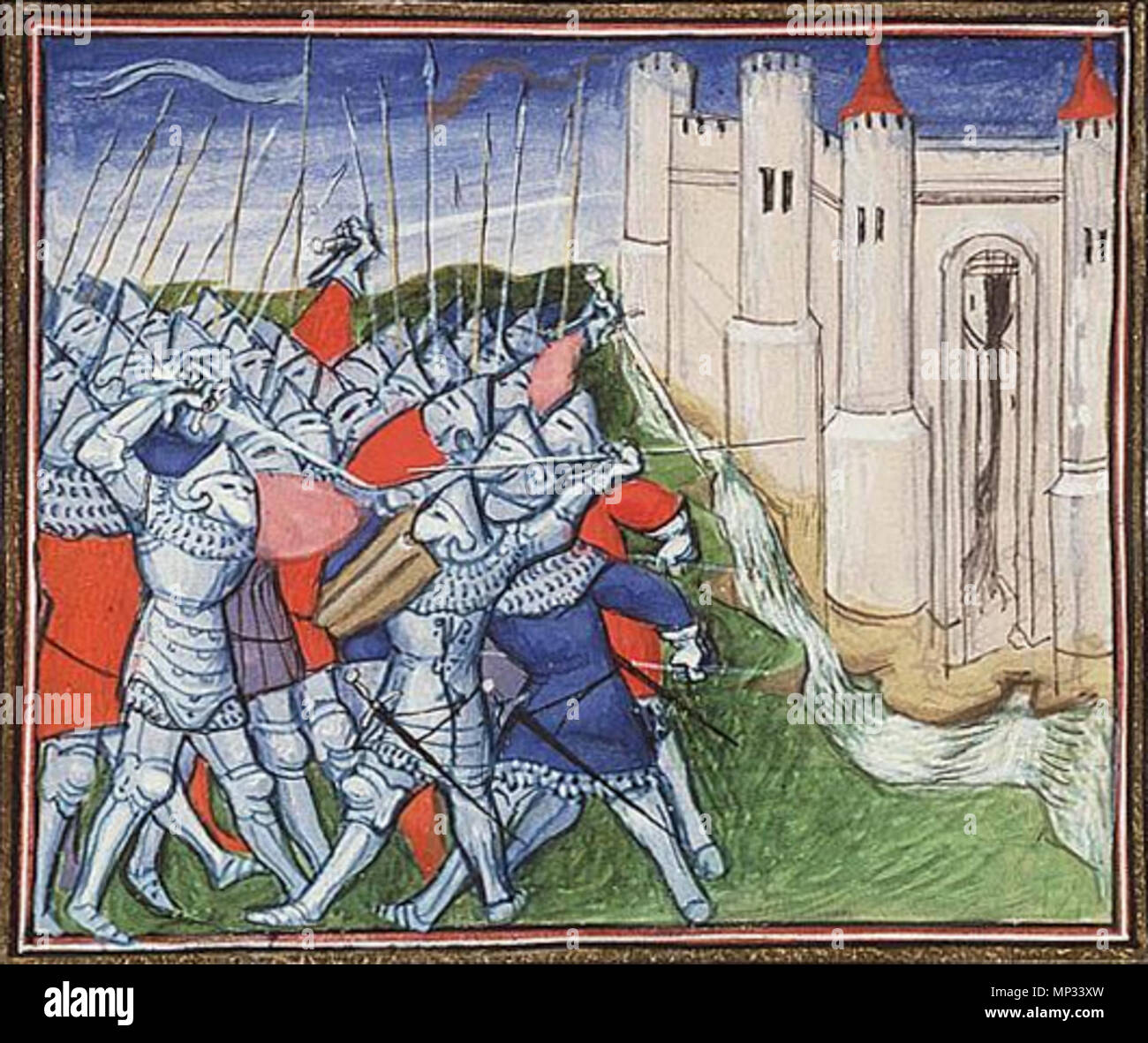 . Inglese: Jean Froissart, Chroniques (Vol. I): la sconfitta francese prima di Calais da Edward III Luogo di origine, data: Parigi, Virgilio Master (illuminatore); c. 1410 Materiale: Vellum, ff. 382, 385x288 (243x187) mm, 42 linee, littera cursiva, vincolante del xviii secolo in pelle marrone;; dorato con stemma di Stadholder Guglielmo V Decorazione: 1 due-colonna miniatura (170x180 mm); 29 colonna miniature (115/65x95/80 mm); 1 historiated iniziale (45x50 mm); decorate iniziali con decorazione di confine (ff. 1r, 24r, 36r, 62r, 74v, ecc.) Provenienza: Louis de Luxemburg, conn' table de France (d. 1475; firma, e Foto Stock