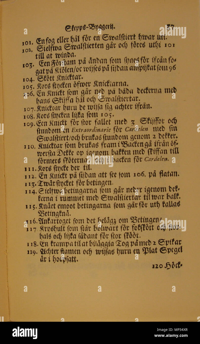 . Inglese: Pagina da Skeps Byggerij Eller Adelig Öfnings Tionde Tom ('Shipbuilding o il decimo volume di Adelig Öfning'), un trattato sulla costruzione navale come parte del più volume di lavoro Adelig Öfning ("nobile pratica[s]'), scritto nel tardo XVII secolo dall'autore svedese Åke Rålamb. Testo principale; xlvii pagina. Svenska: Sida från Skeps Byggerij Eller Adelig Öfnings Tionde Tom, en redogörelse för skeppsbygge som en del Adelig Öfning, encyklopedisk ett verk i flera volymer som beskriver färdigheter och andra som sysslor ansågs pertinenti adelsmän för att kunna. Skriven senare delen av 1600-talet av Foto Stock