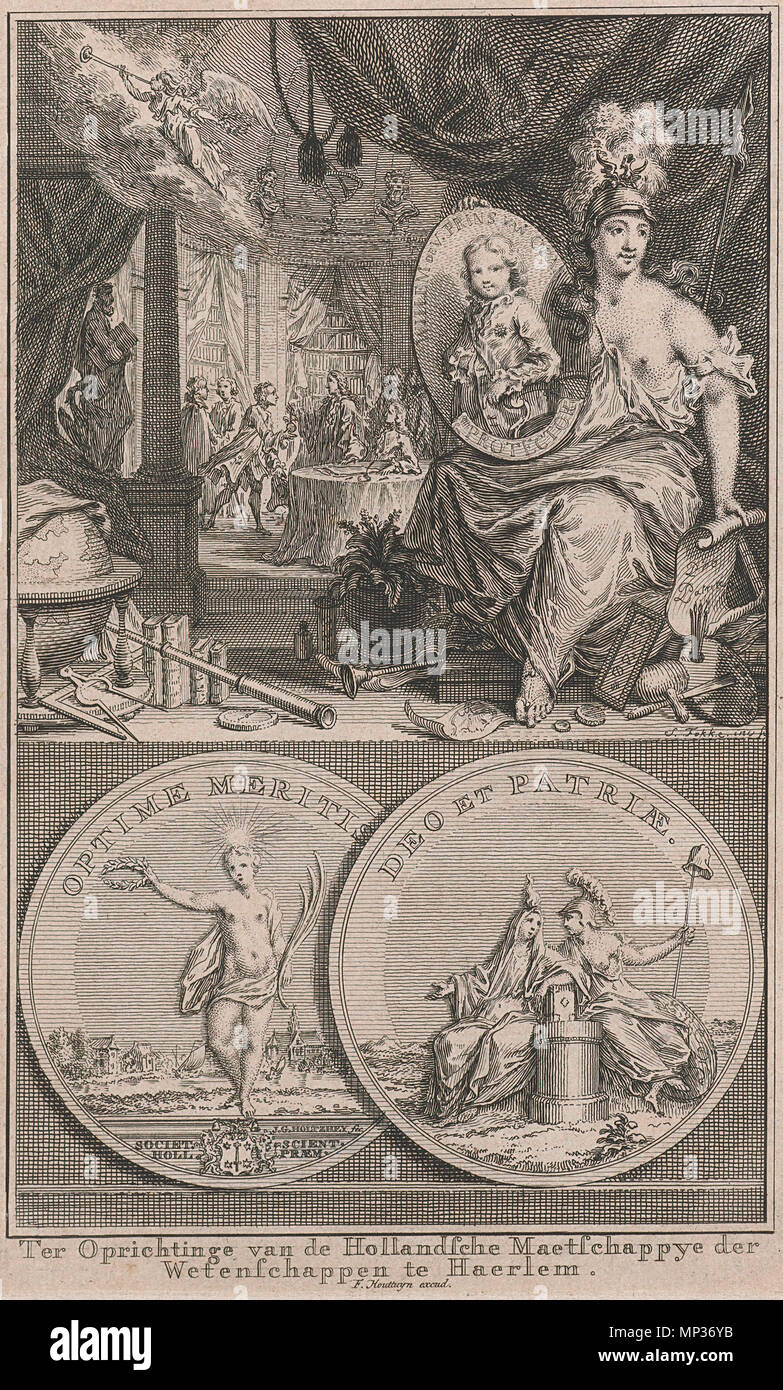. Inglese: stampa commemorativa per celebrare la fondazione della Società olandese delle scienze, con il loro premio medaglia. Nederlands: Ter Oprichtinge van de Hollandsche Maetschappye der Wetenschappen te Haerlem . 1754. 1121 Simon Fokke - Jean George Holtzhey - penning Maatschappij der Wetenschappen Haarlem Foto Stock