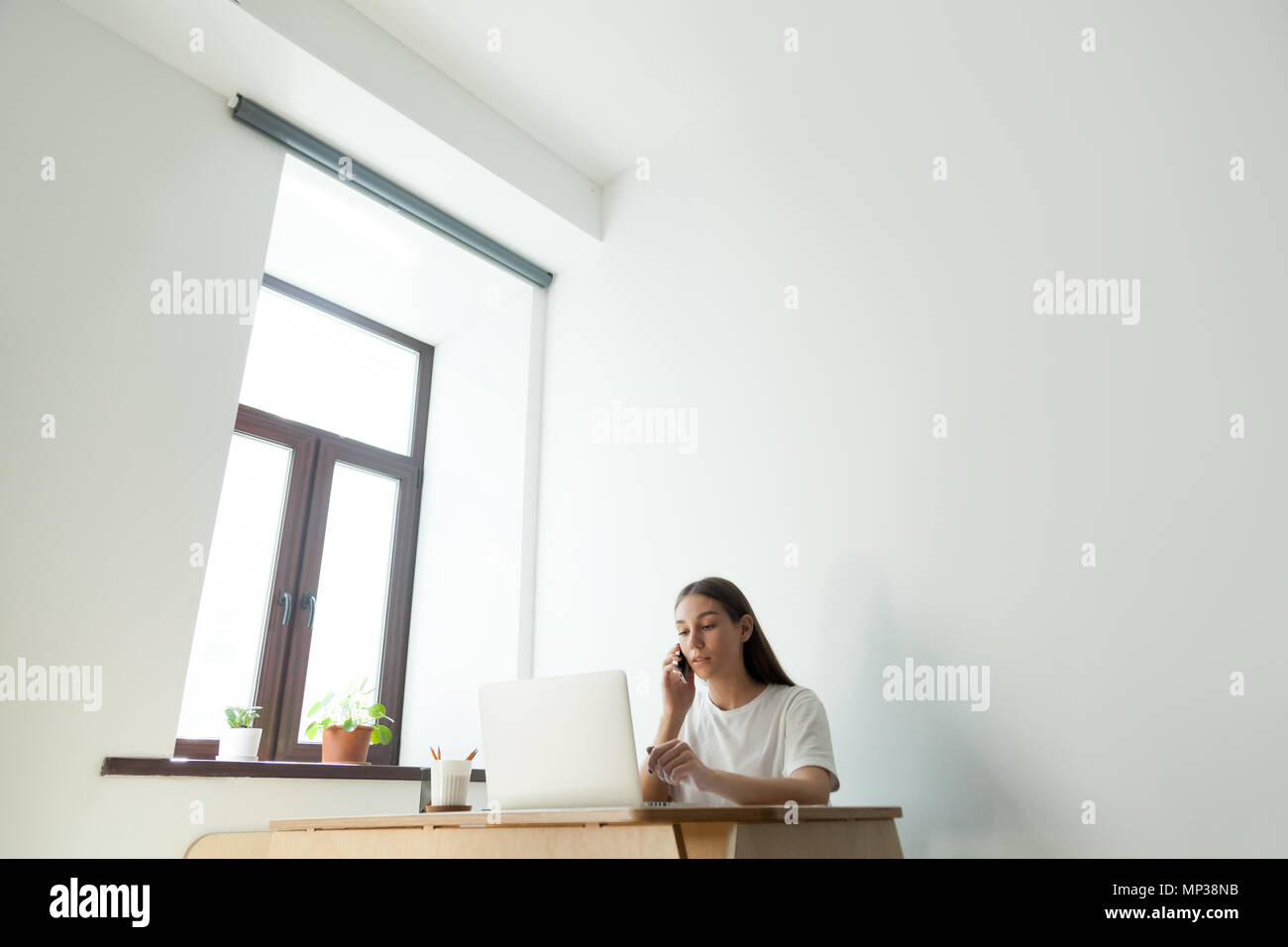 Femmina occupato lavorando al computer portatile e client di consulenza tramite telefono Foto Stock