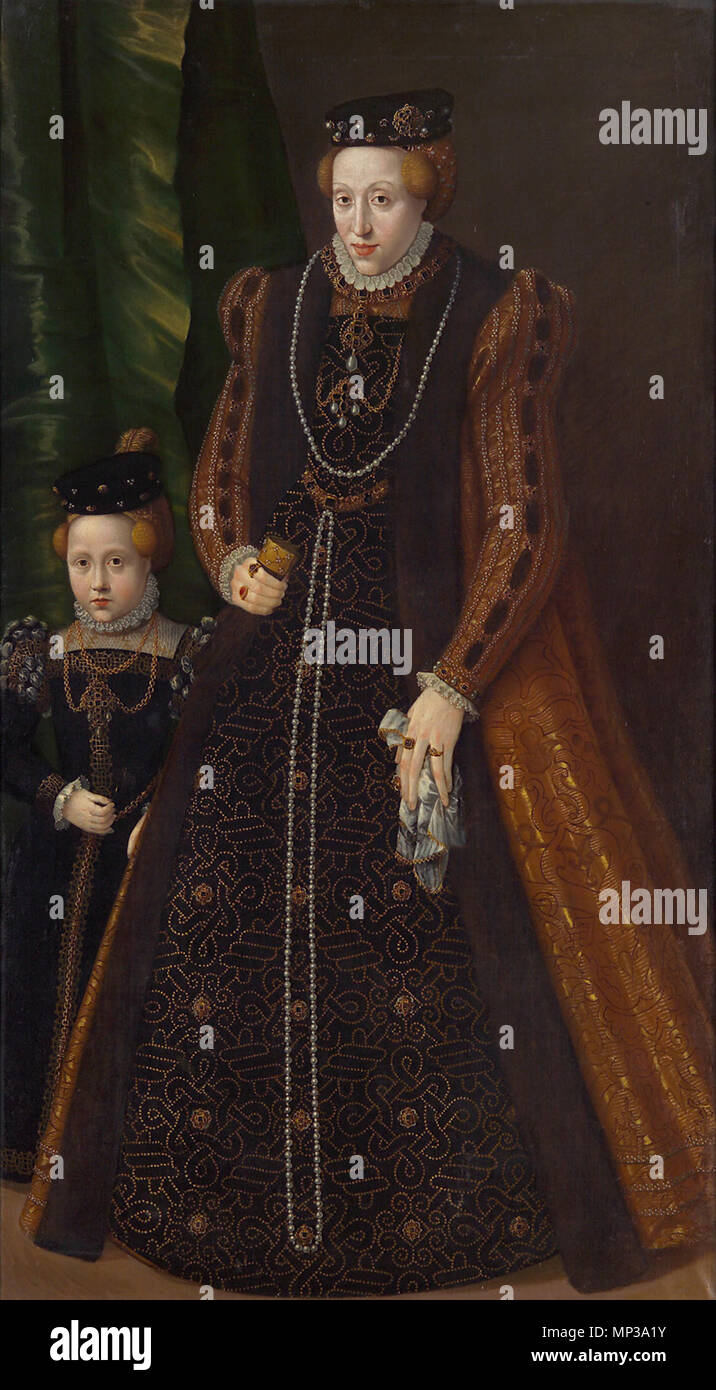 Deutsch: Erzherzogin Maria (1531-1581), Herzogin von Jülich, Cleve und Berg, Bildnis in ganzer figura mit ihrer Tochter erstgeborenen Maria Eleonore inglese: l'Arciduchessa Maria (1531-1581), duchessa di Jülich, Kleve e Berg, ritratto a figura intera con sua figlia Maria Eleonore Deutsch: um 1555 . 691 Jakob Seisenegger 004 Foto Stock