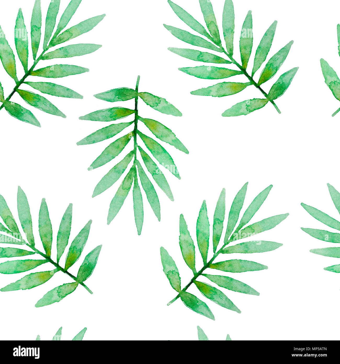Acquarello tropicale seamless pattern verde con foglie di palmo su sfondo bianco Foto Stock