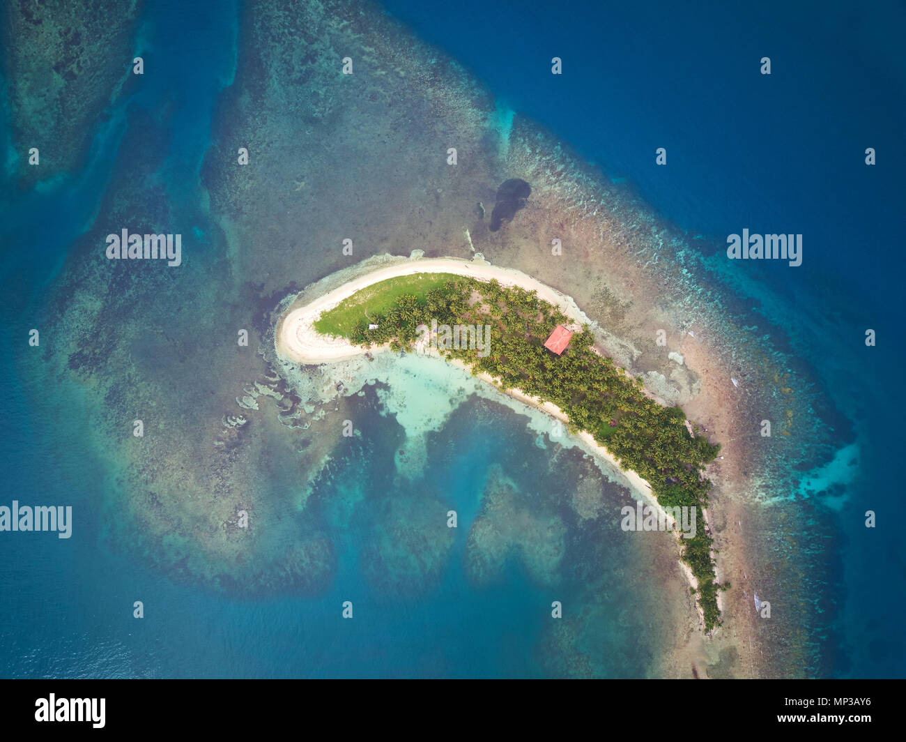 Isola tropicale sulla barriera corallina intorno al mare blu acqua Foto Stock