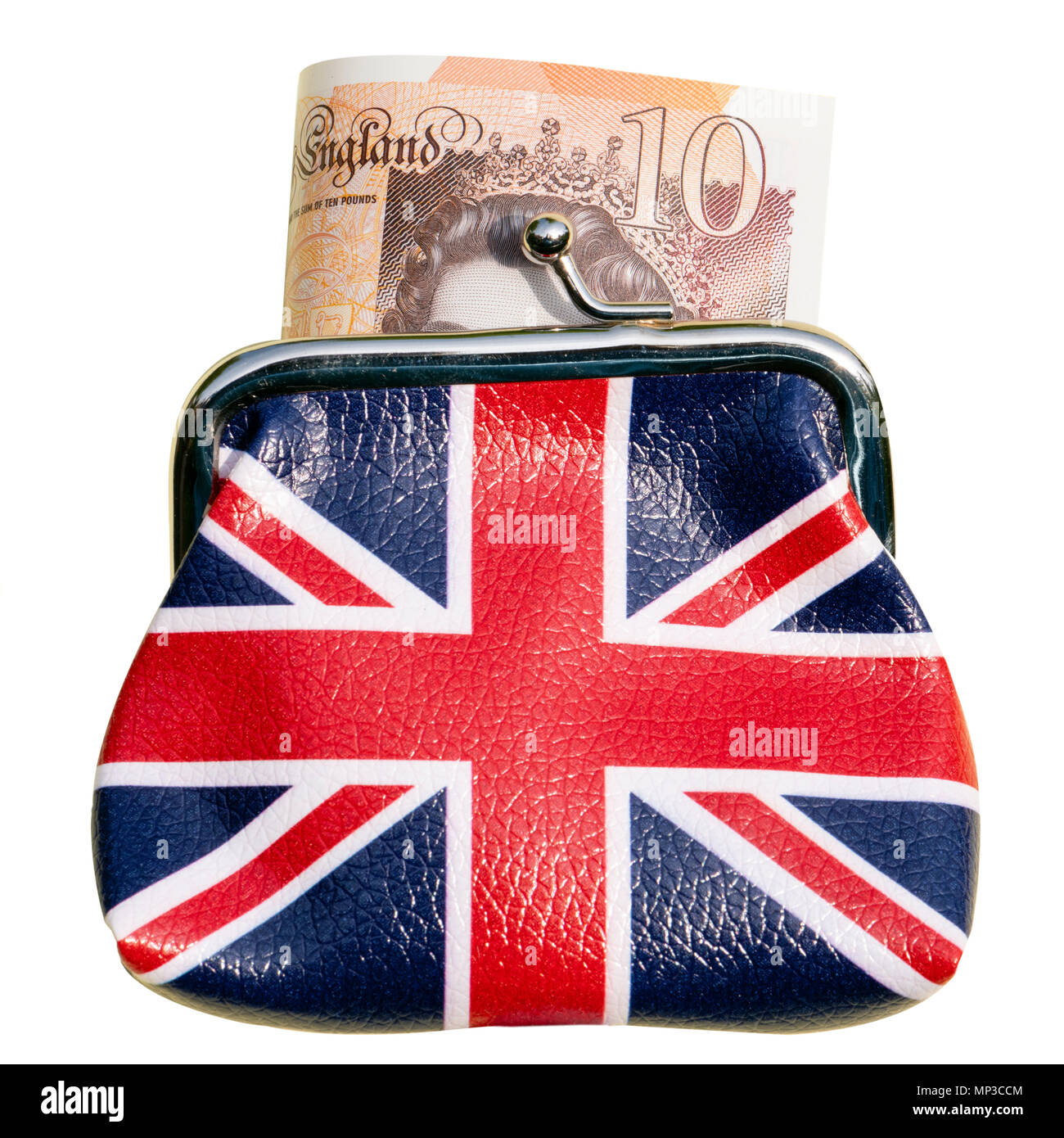Unione Jack portamonete con un £10 nota, isolato o ritagliata su uno sfondo bianco. Foto Stock