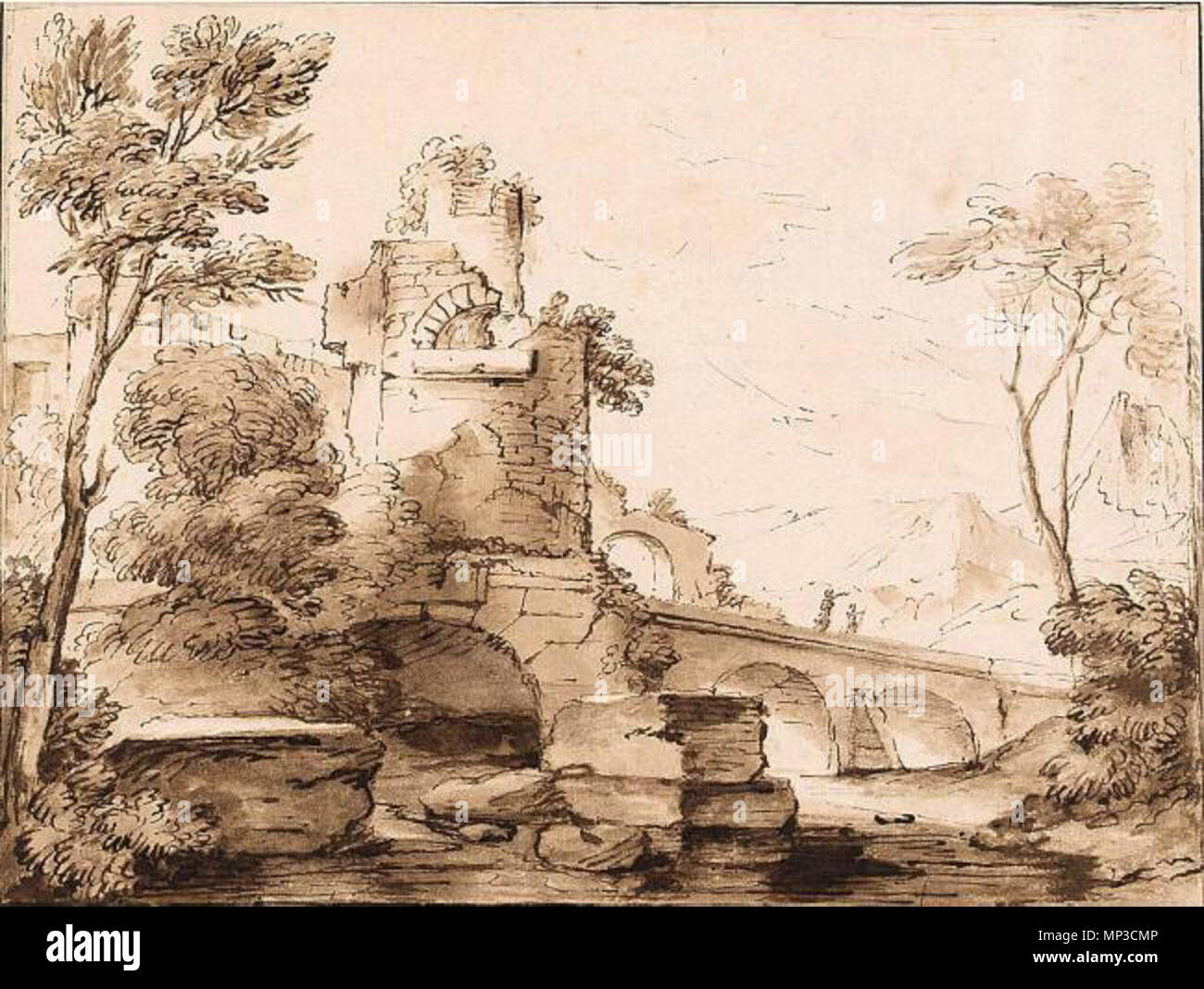 Italianamente paesaggio con rovine e figure su un ponte . Inglese: Italianamente paesaggio con rovine e figure su un ponte . Secolo XVII o XVIII secolo. Adriaen van der cavo (1630/1631-1705) nomi alternativi Adriaen van der Kabel, Adrian van der Kabel, Adrien van der Kabel, Arie van der Kabel, Ary van der Kabel, Adriaen van der Tou, A. van der Touw, Adriaen Vandercable, Adriaen Vandrecable, Geestigheid, descrizione Geestigheit pittore olandese, disegnatore e incisore Data di nascita e morte 1630 o 1631 15 gennaio 1705 Luogo di nascita e morte Rijswijk Lyon periodo di lavoro tra 164 Foto Stock