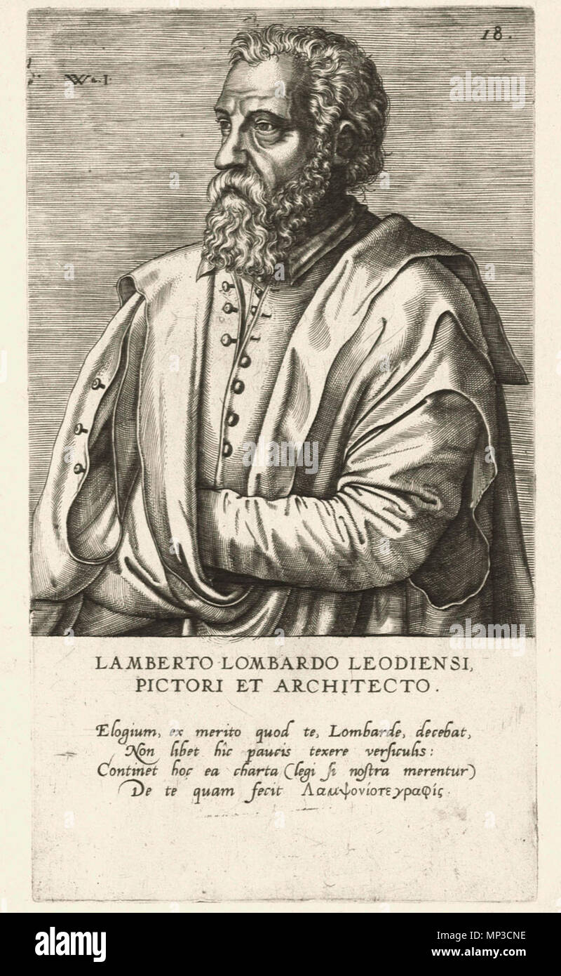 . Inglese: Lambert Lombard attribuito a Johannes (Jan) Wierix, incisione, 1572, dal Pictorum aliquota Germaniae Inferioris effigi da Dominicus Lampsonius . 1572. Johannes Wierix (circa 1549-circa 1615) nomi alternativi Jan Wierix, Jan Wiericz; Johan Wiericz; Johan Wierix; Jan Wierx; Johan Wierx; Jan Wiricx; Johan Wiricx; Monogrammist IHW Descrizione printmaker fiamminga, disegnatore e pittore e miniatore Data di nascita e morte circa 1549 circa 1615 Luogo di nascita e morte Anversa Anversa periodo di lavoro tra circa 1569 e circa 1615 sede di lavoro autorità di Anversa controllo : Foto Stock