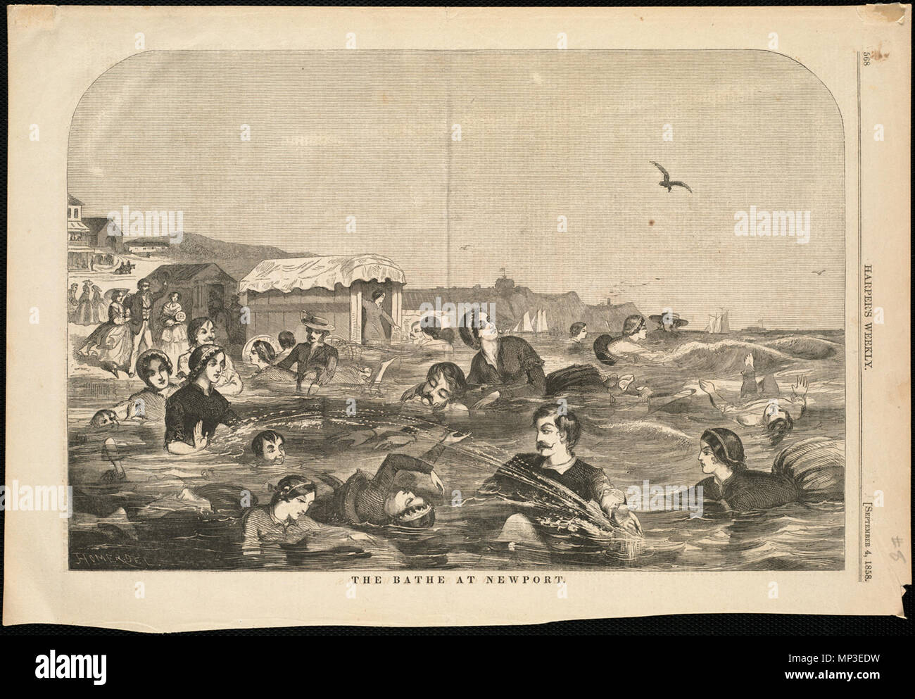 . Inglese: uomini e donne balneare alla classe superiore resort Newport, Rhode Island. La balneazione-macchine sono in evidenza. Nome file: 10 09 000008 Titolo: la balneazione a Newport creatore/collaboratore: Omero, Winslow, 1836-1910 (artista) Data di pubblicazione: 1858-09-04 Descrizione fisica: 1 stampa : incisione su legno Genere: incisioni su legno; illustrazioni periodiche note: Pubblicato in: Harper's settimanale, Volume II, 4 settembre 1858, p. 568.; Firmato in basso a sinistra: Omero, Del. collezione: Winslow Homer posizione raccolta: Boston Public Library, reparto di stampa diritti: No restrizioni note Flickr dati su 2011-08-11: C Foto Stock
