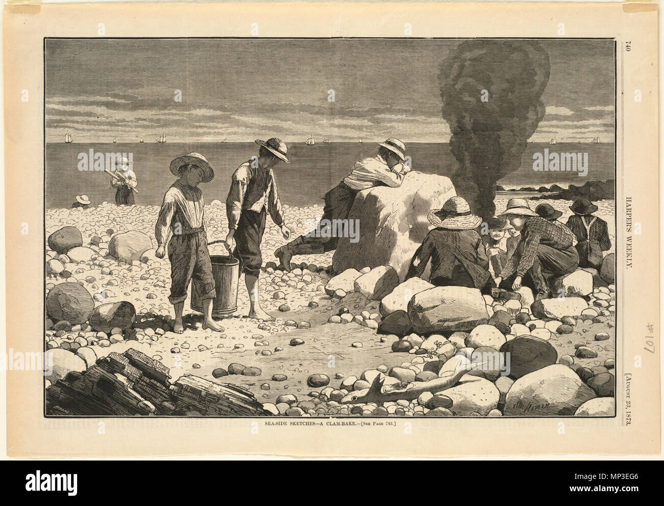 . Inglese: nome file: 10 09 000107 Titolo: Mare schizzi -- Un clam-cuocere il creatore/collaboratore: Omero, Winslow, 1836-1910 (artista) Data di pubblicazione: 1873-08-23 Descrizione fisica: 1 stampa : incisione su legno Genere: incisioni su legno; illustrazioni periodiche note: Pubblicato in: Harper's Weekly, volume XVII, 23 agosto 1873, p. 740.; Firmato in basso a destra: Omero. Collezione: Winslow Homer posizione raccolta: Boston Public Library, reparto di stampa diritti: No restrizioni note Flickr dati su 2011-08-11: Fotocamera: Sinar AG Sinarback 54 FW, Sinar m Tags: Winslow Homer utente: Boston Public Library BPL . 23 Foto Stock